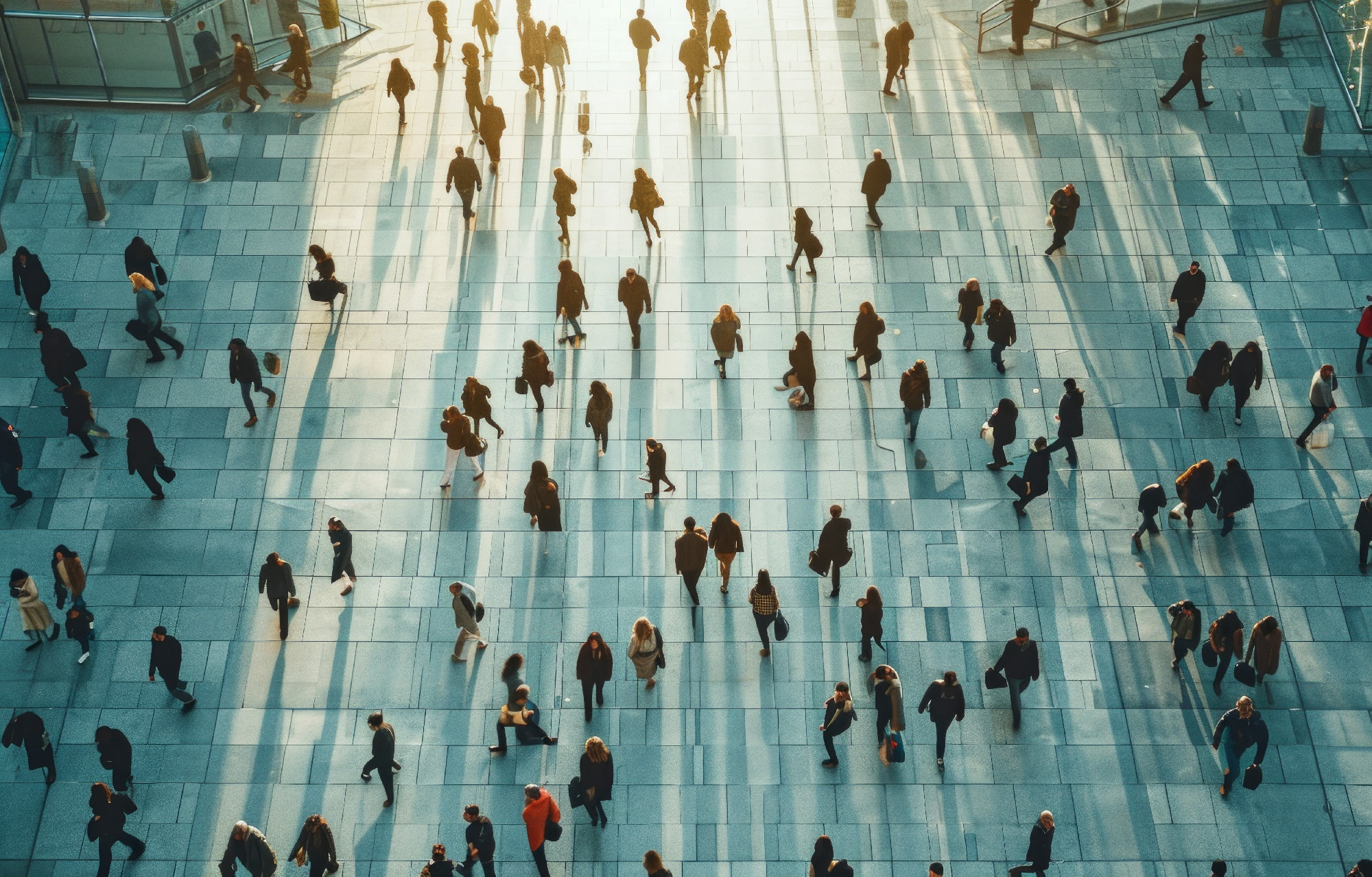 large group of people walking in front of an office building