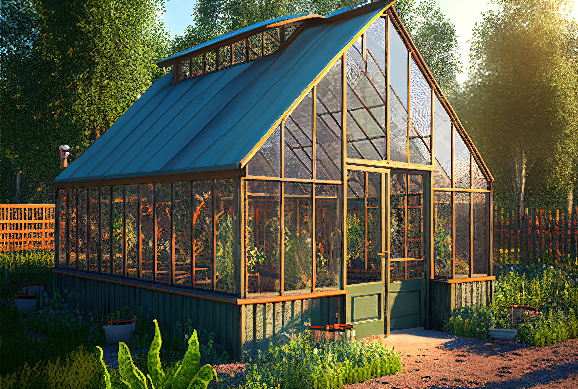 Country greenhouse for growing vegetables, fruits and flowers, farmer's glass greenhouse