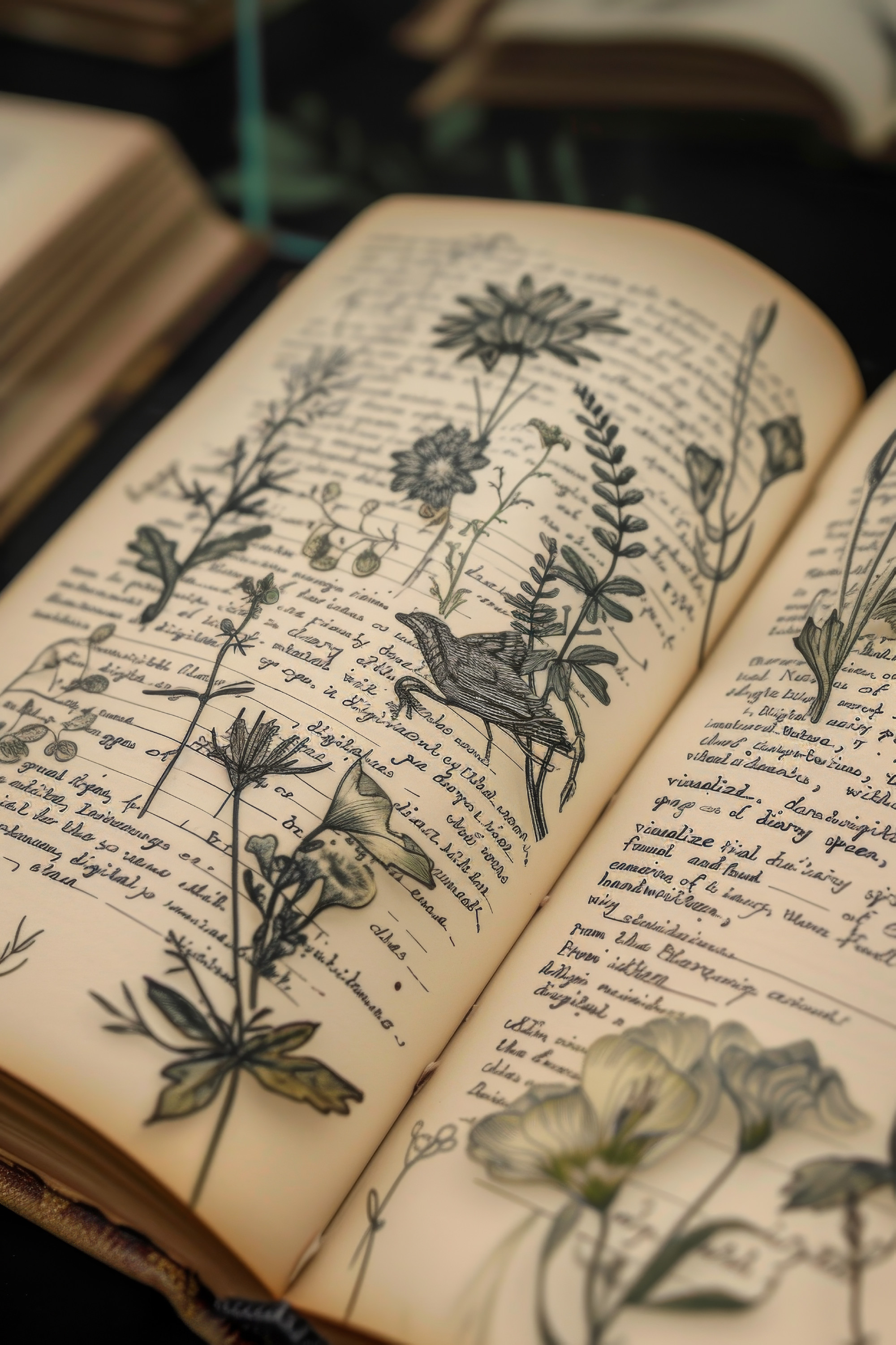 Dry plants on the book. A book with a herbarium and description