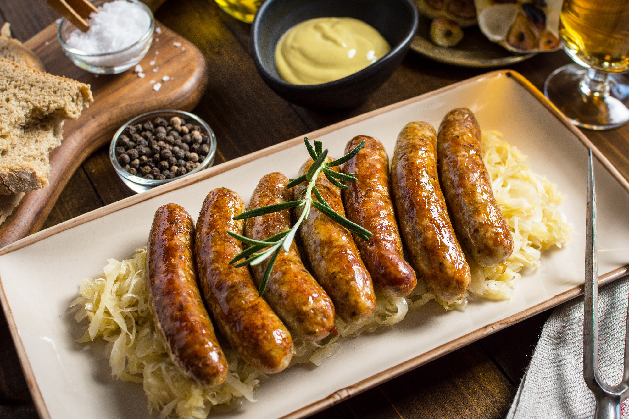 Grilled Sausages with Cabbage Salad, Mustard and Beer. Bratwurst