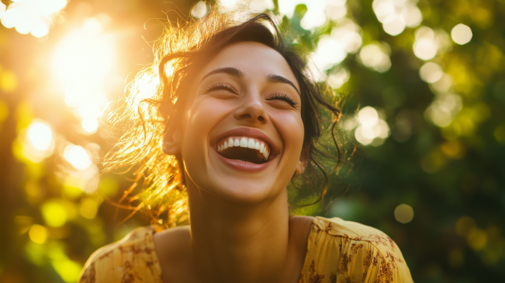 A dynamic image of a confident woman laughing joyfully, her eyes sparkling with happiness, capturing the essence of beauty and positivity in a vibrant outdoor setting.