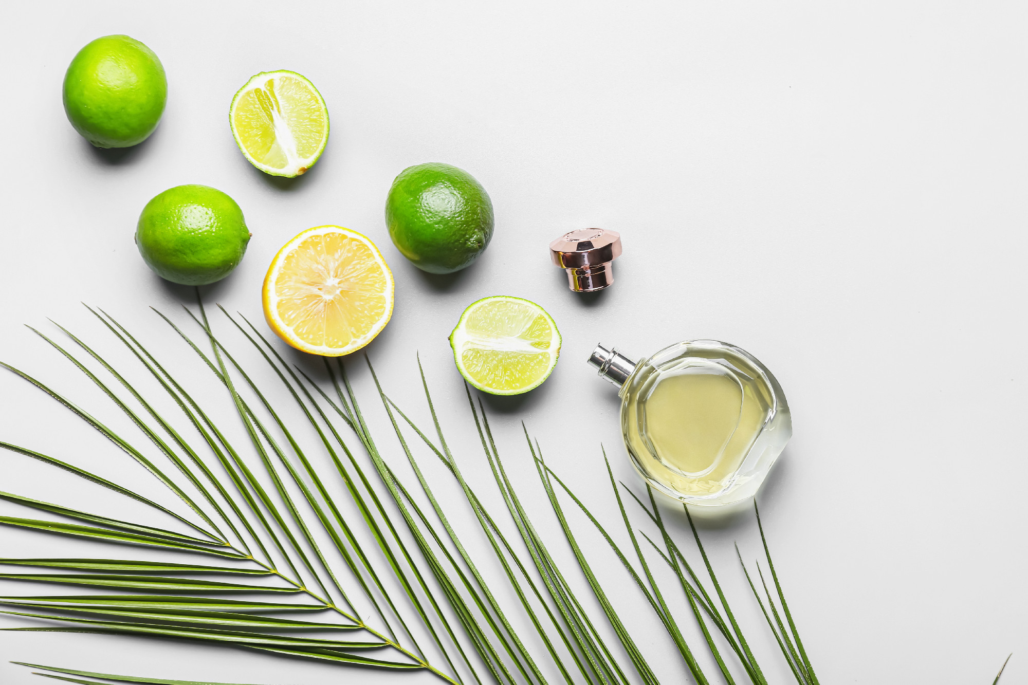 Bottle of citrus perfume on white background�