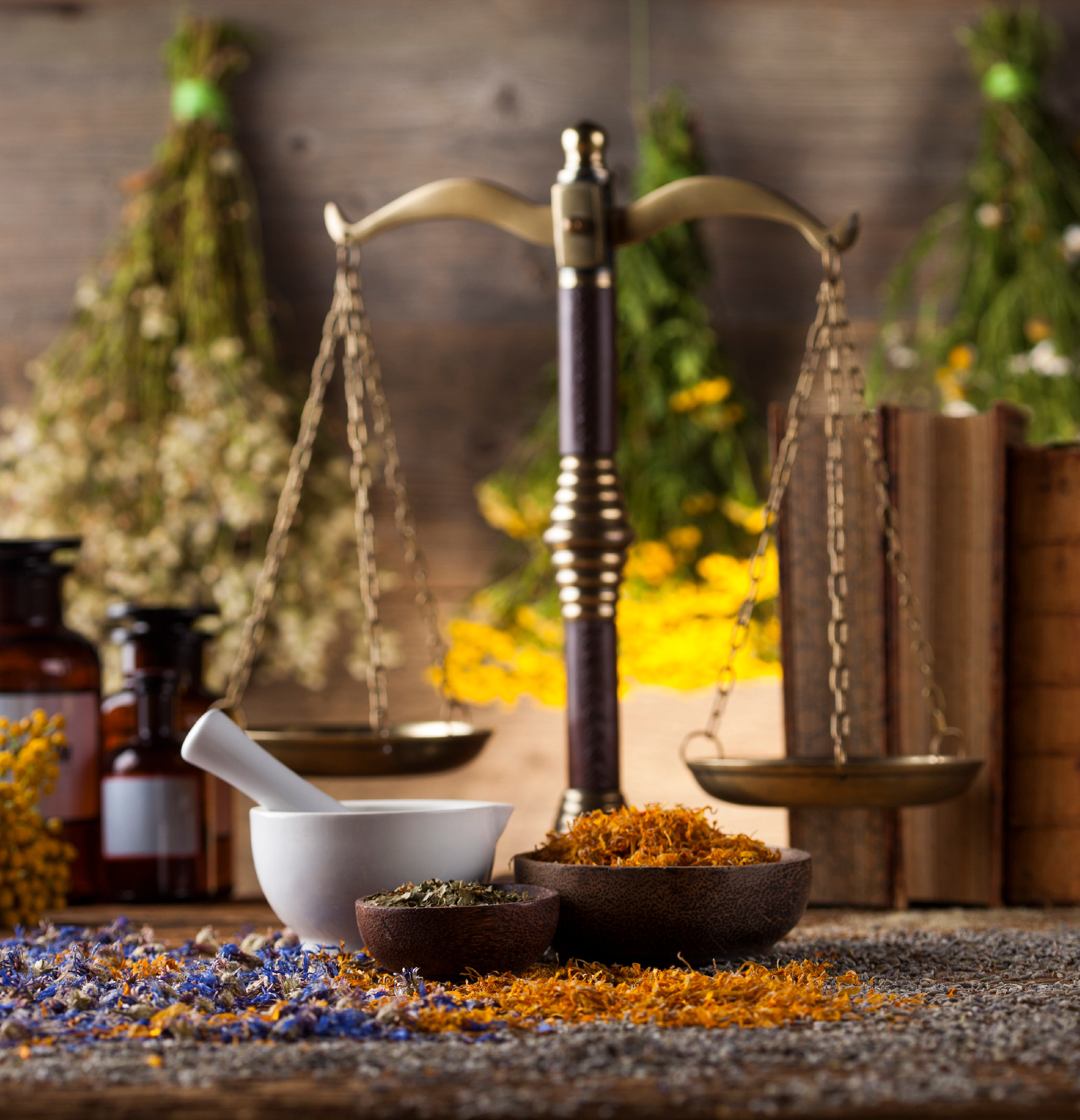 Herbs, berries and flowers with mortar, on wooden table backgrou