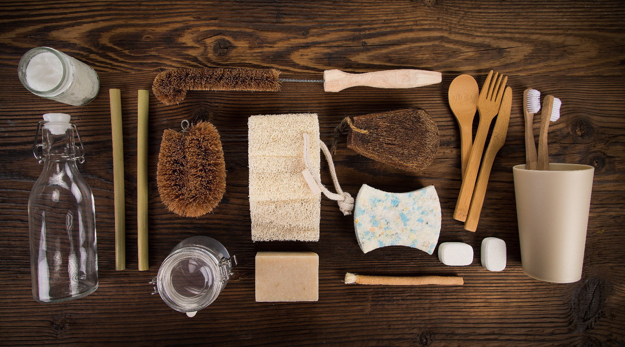 Zero waste food and other cleaning tools. Sustainable lifestyle concept.