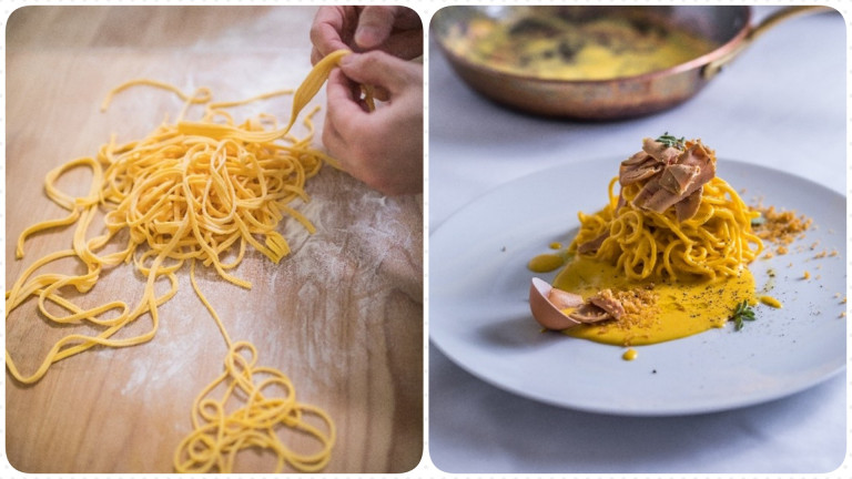 Kacsamáj spagettivel és Rosario carbonaraszószával