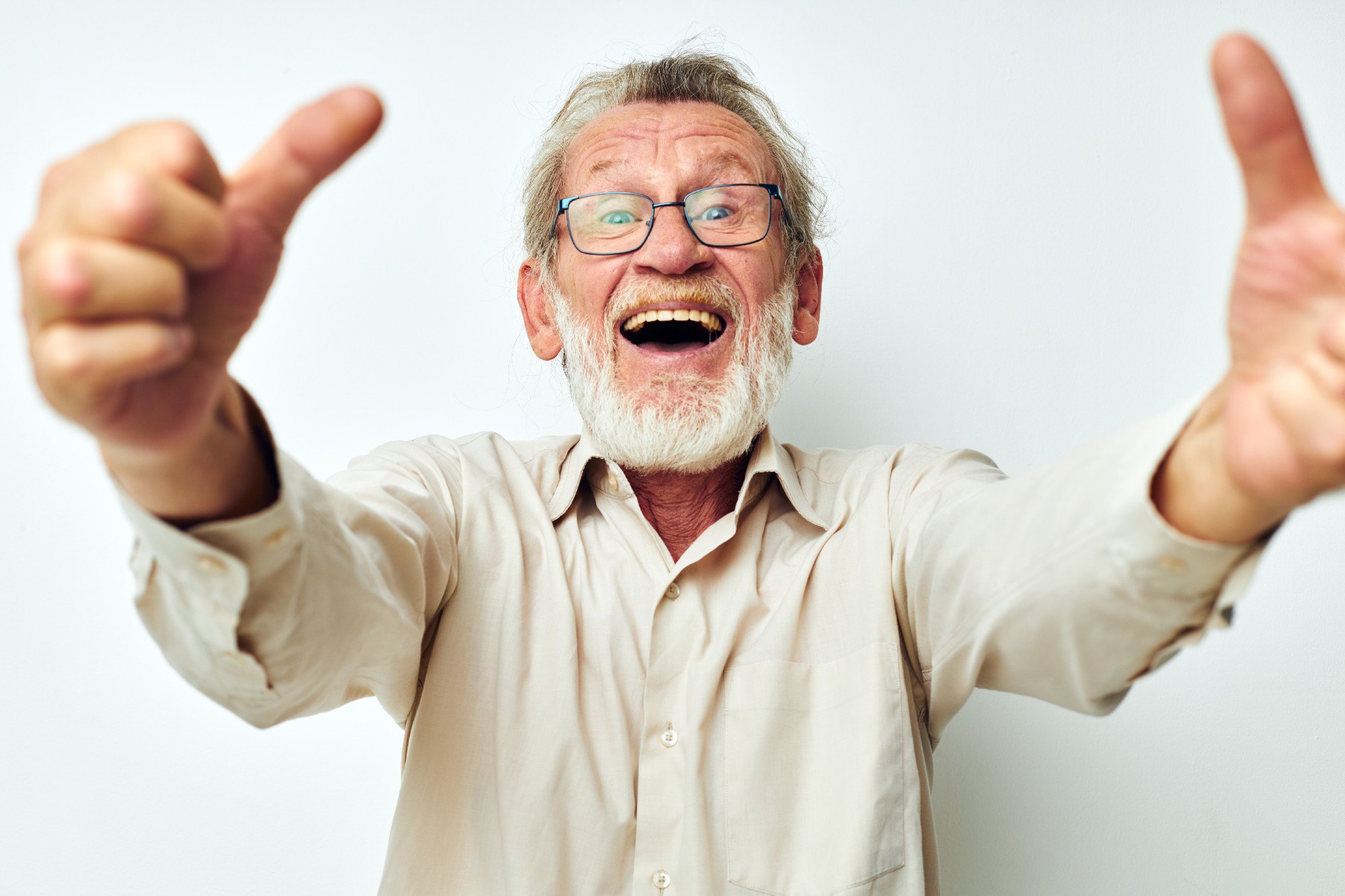 Photo of retired old man wears glasses in shirts light background