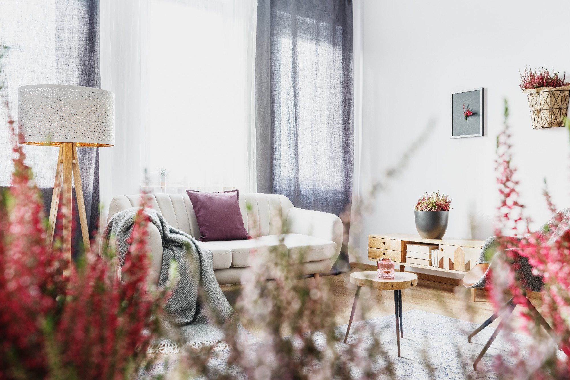 Living room with blue curtain