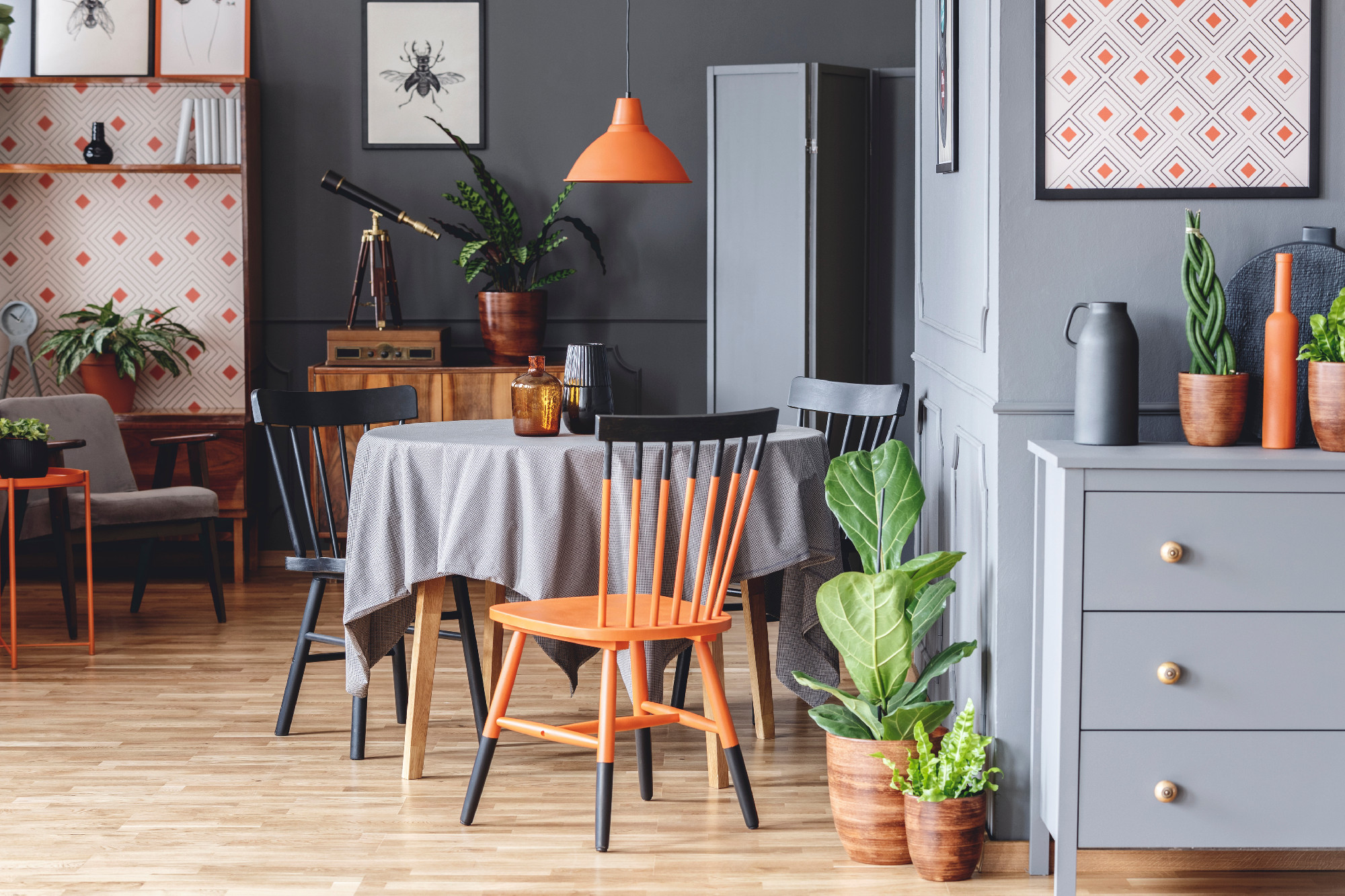 Grey retro dining room interior