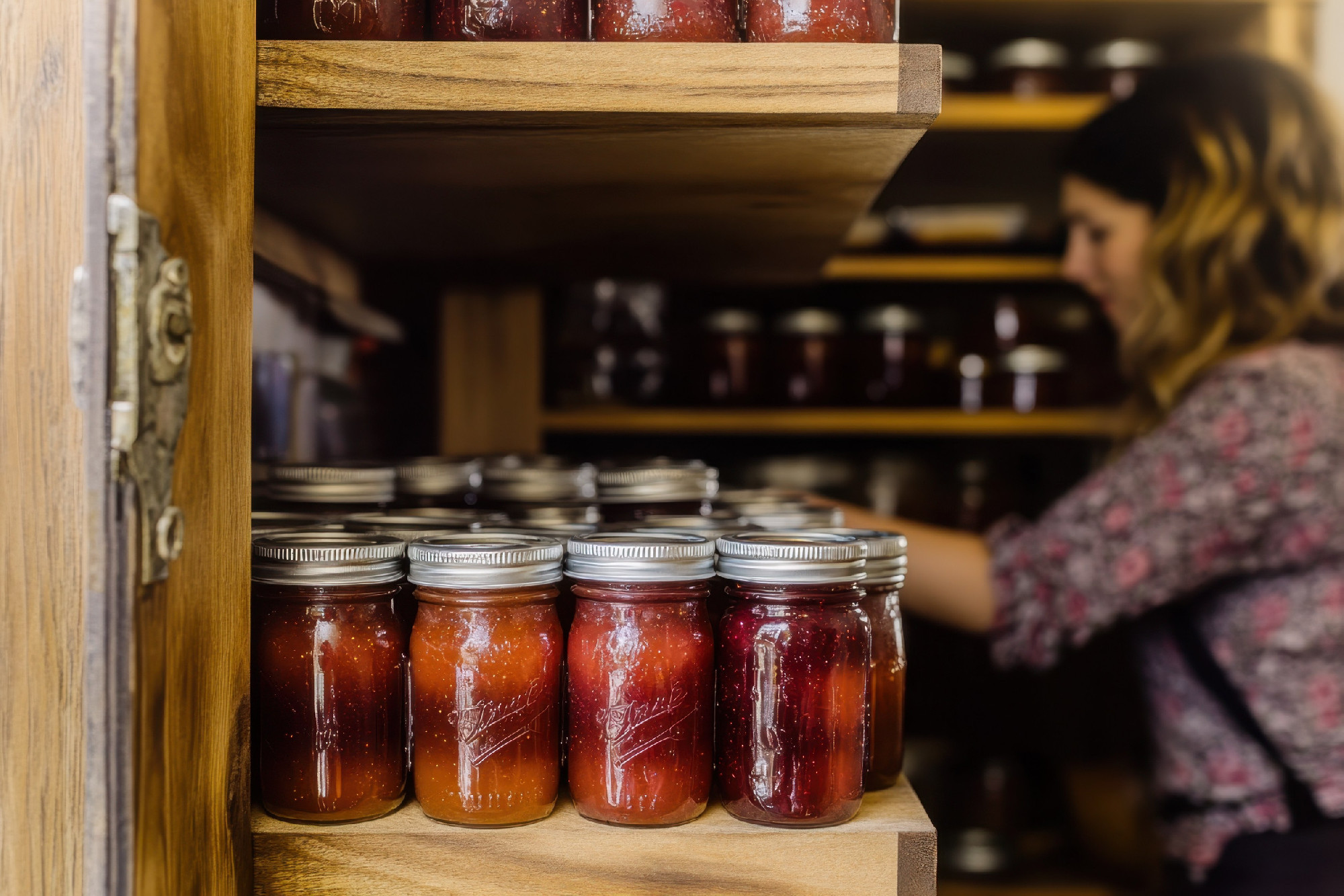 Woman organizing jars of homemade preserves in a rustic kitchen shelf at sunny afternoon