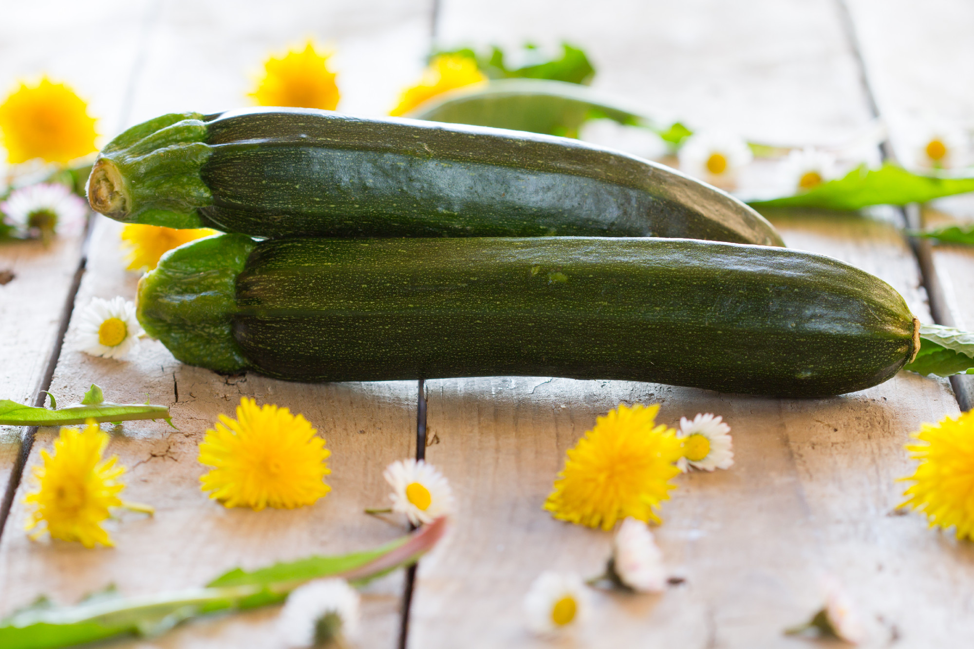 Zucchini on a wooden table with spring flowers