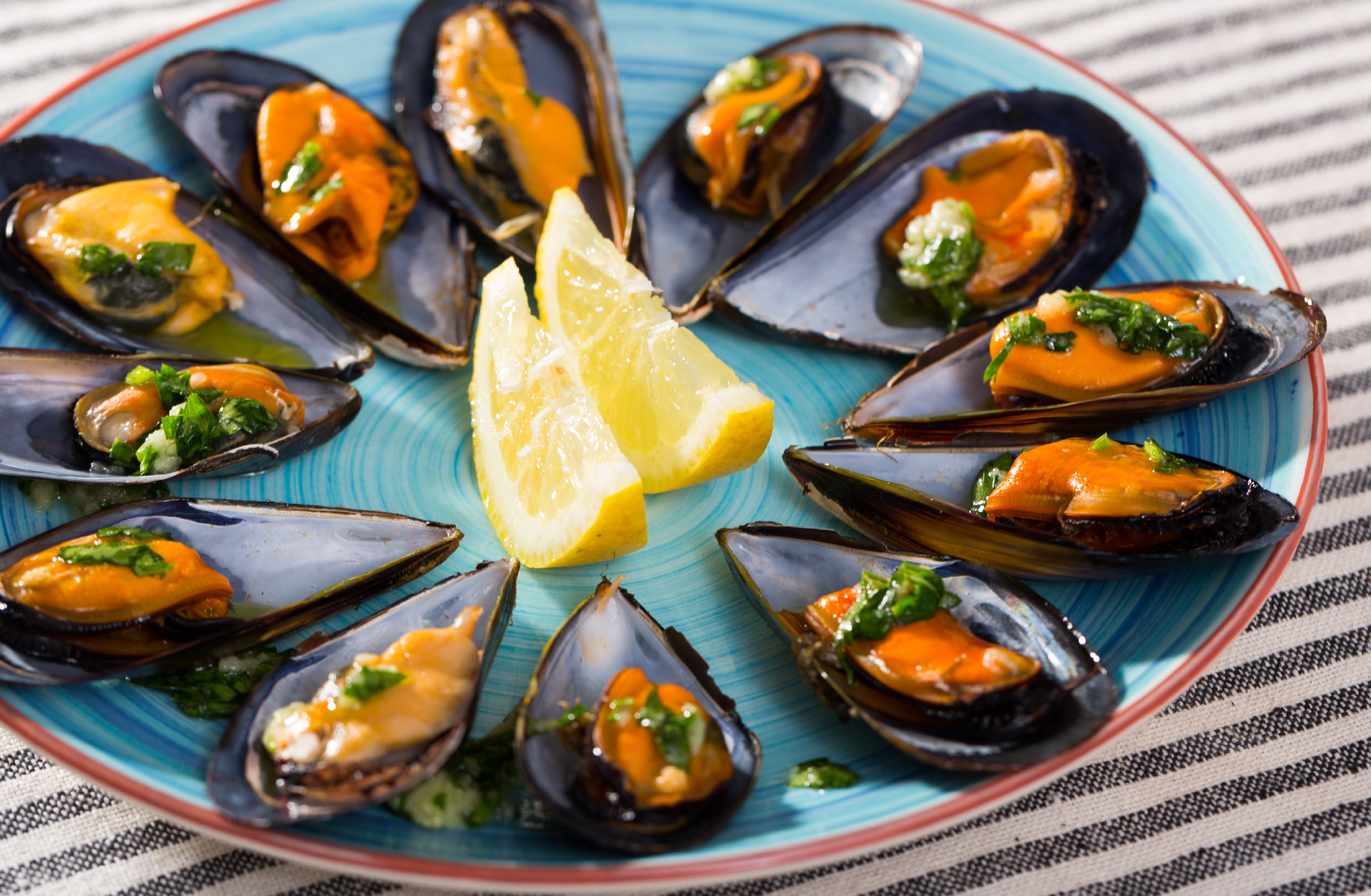Mussels with herbs on plate