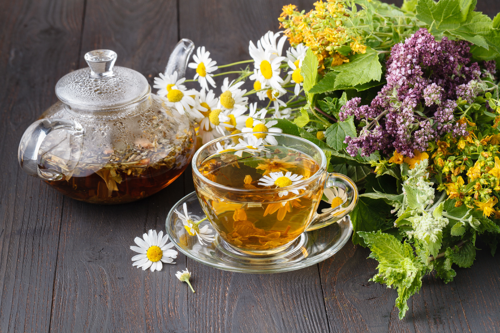 nice cup of tea with camomile flowers and camomile