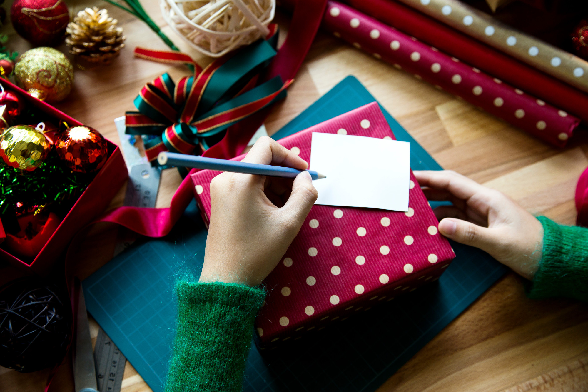 Overhead shot of Christmas presents and wrapping papers