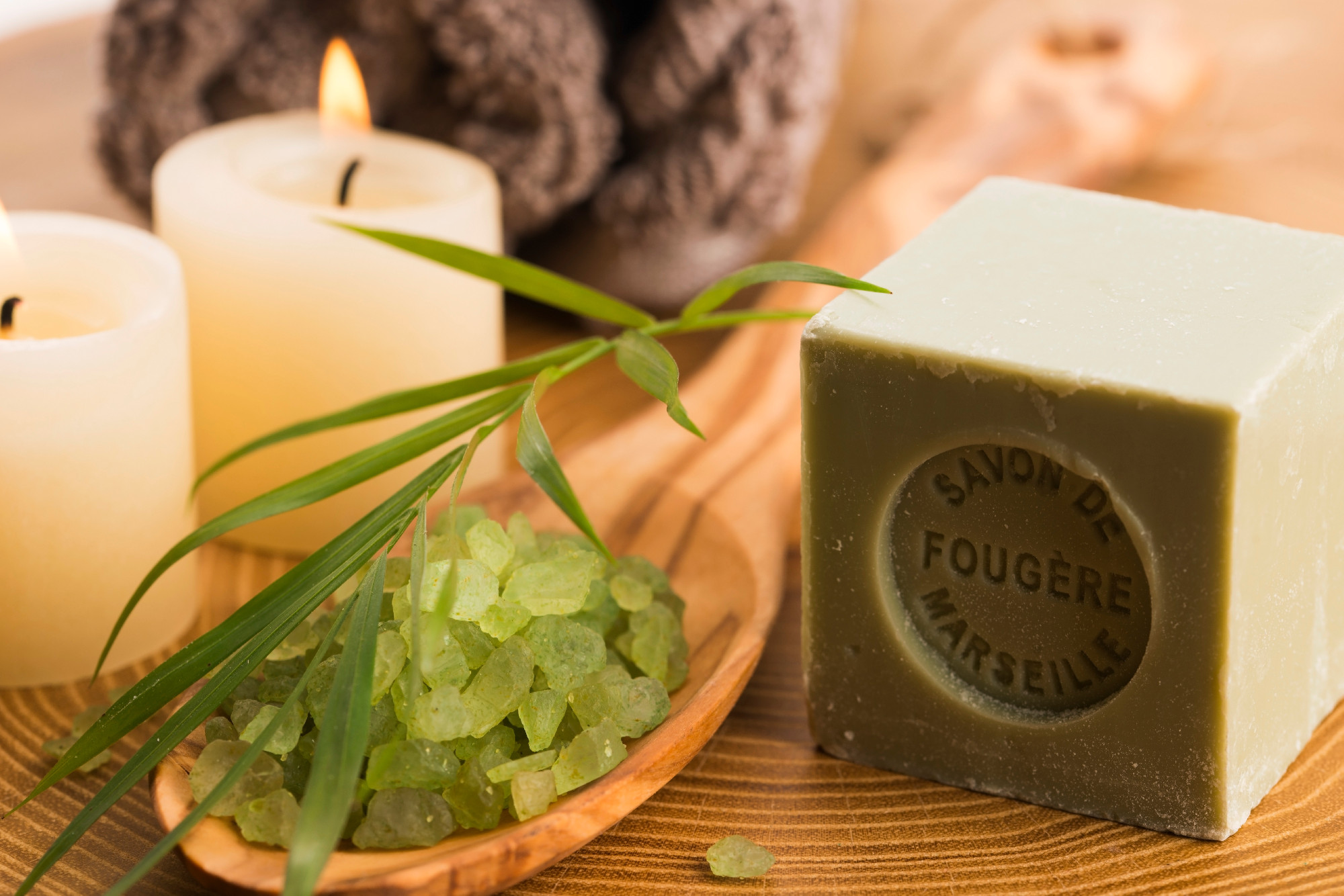sea salt , soap and candles for spa