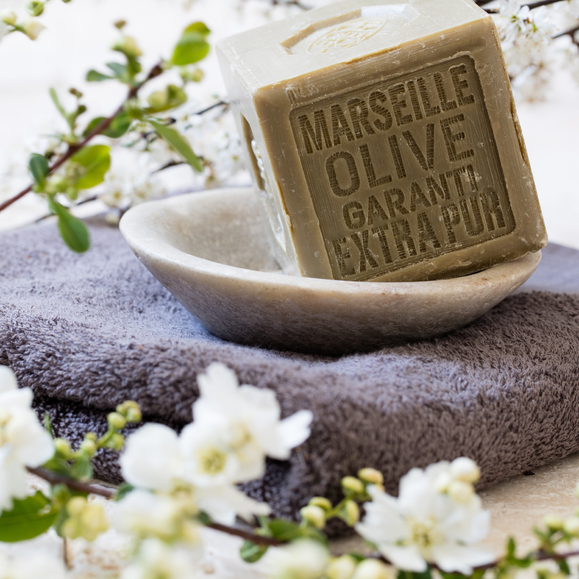 pure green French olive oil solid soap in mineral cup