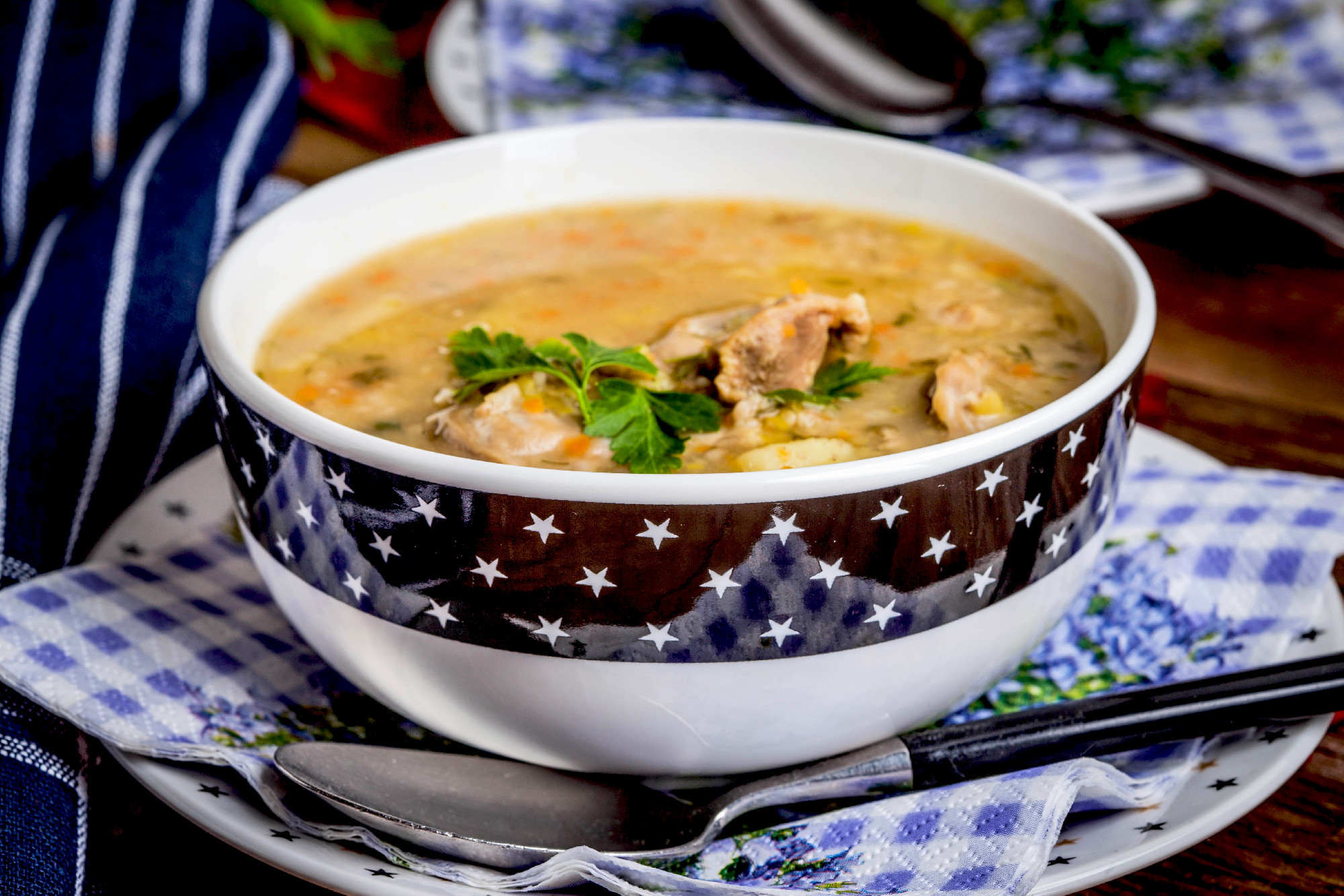 Soup with barley and chicken gizzards.