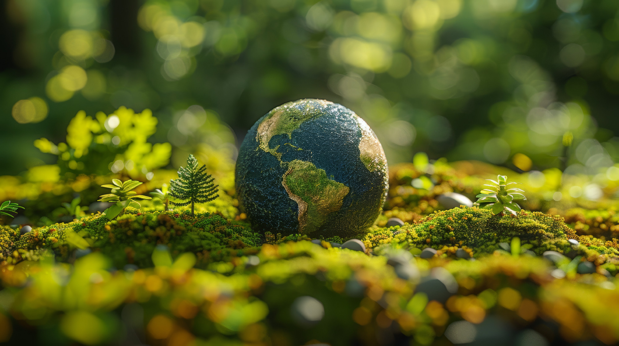 A globe depicts moss growing in a forest, a concept for environmental conservation