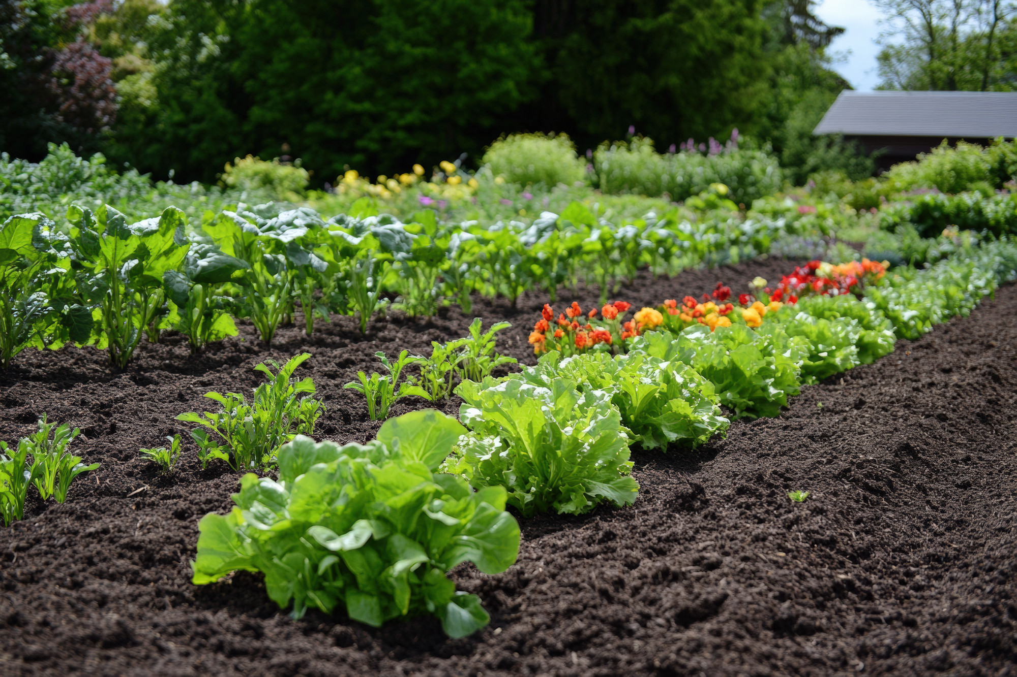A freshly tilled garden bed with rich, dark soil.