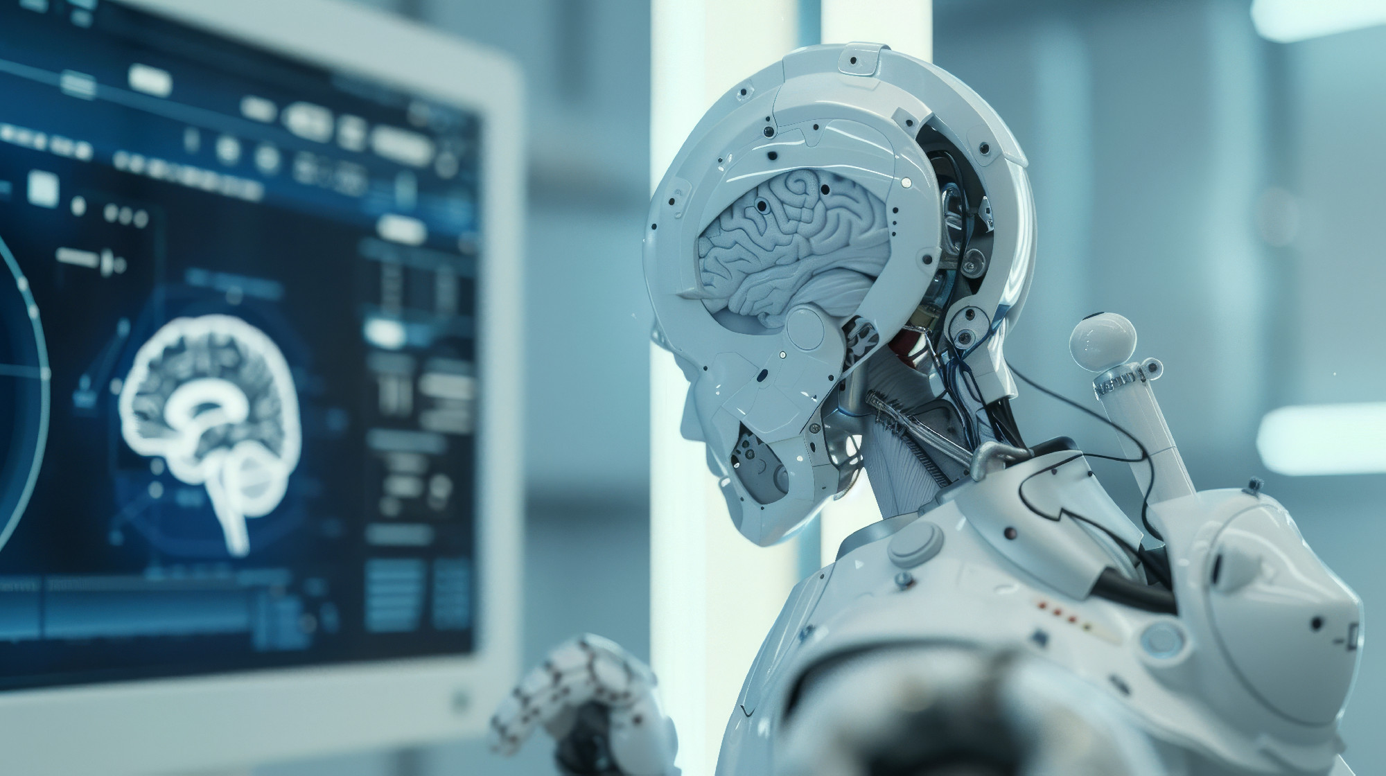 A robot checks brain testing results with a computer interface, a futuristic analysis of human brains, and the integration of technology into science and medicine is explored