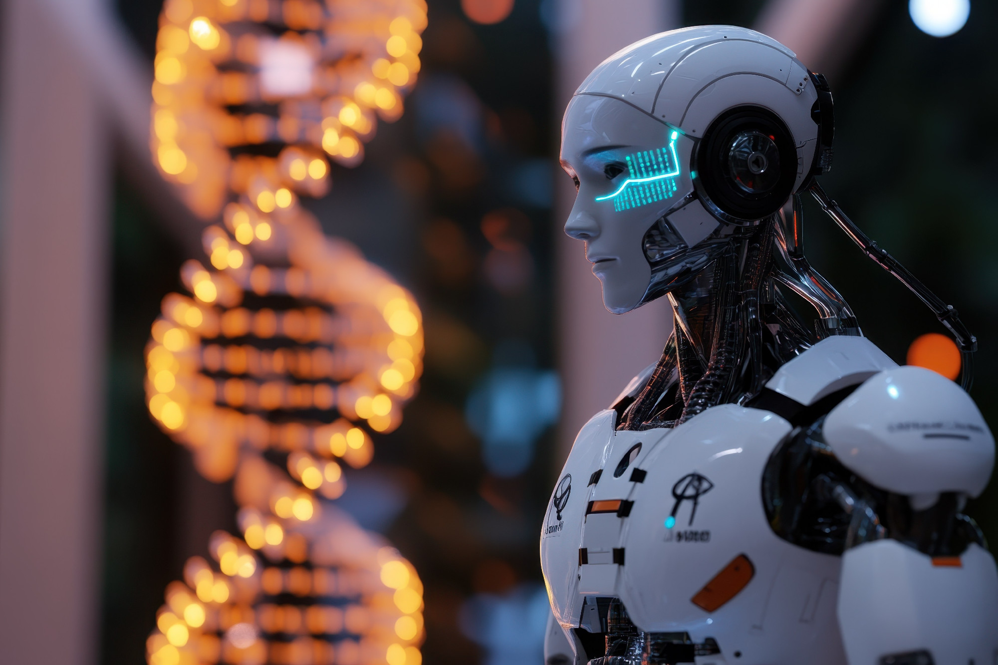 Robotic figure stands in front of glowing DNA structure in urban setting at night