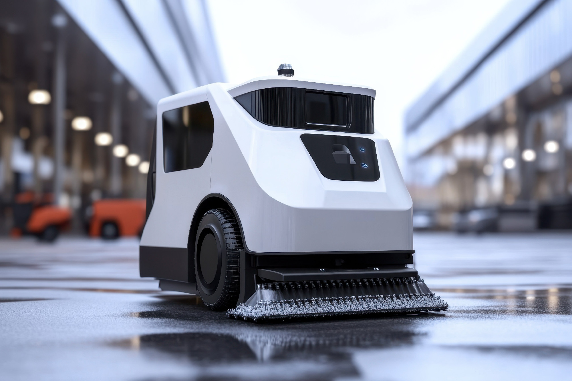 Innovative street cleaning robot operates on a rainy urban street