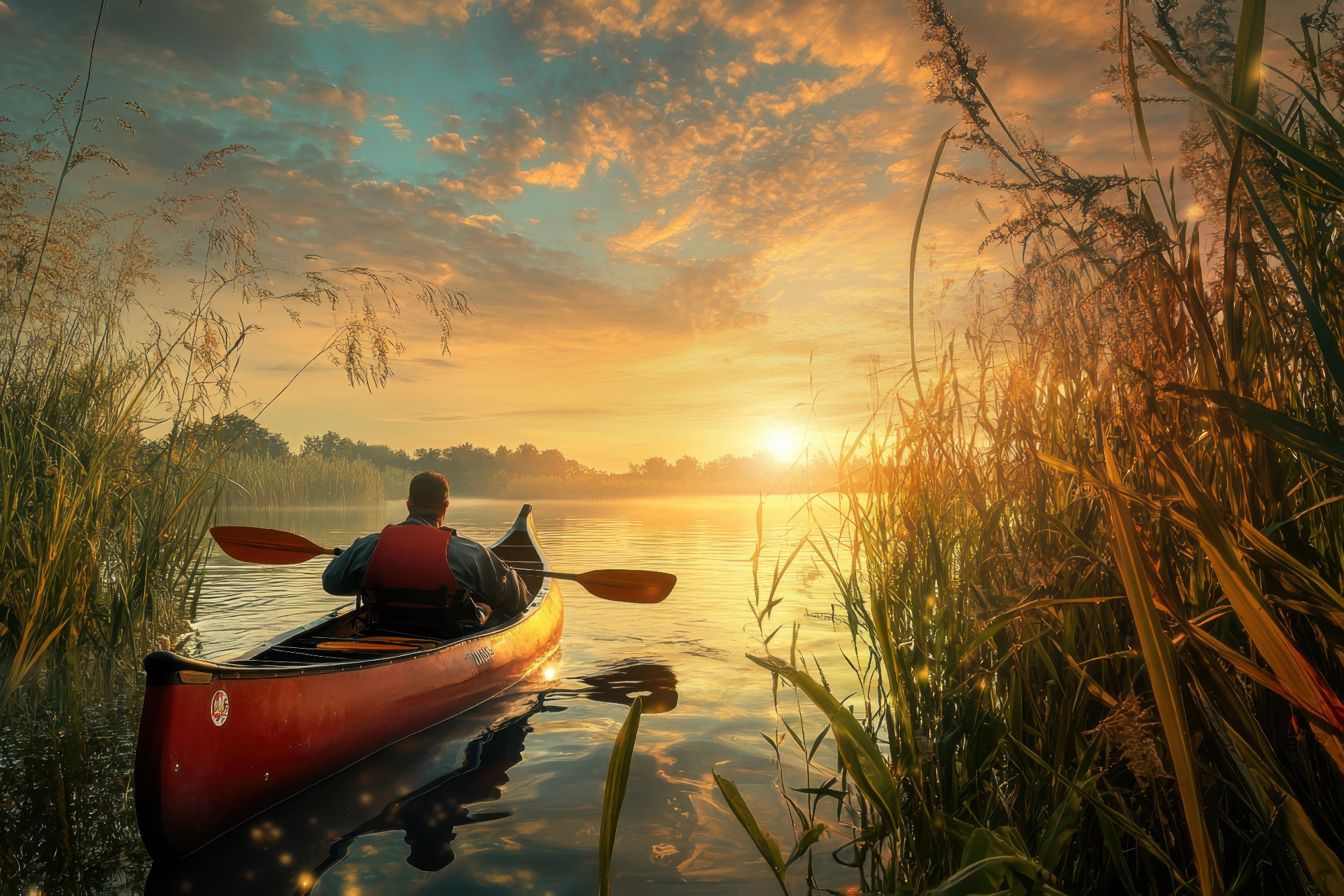 Enjoying a peaceful canoe ride at sunrise on a serene lake surrounded by nature