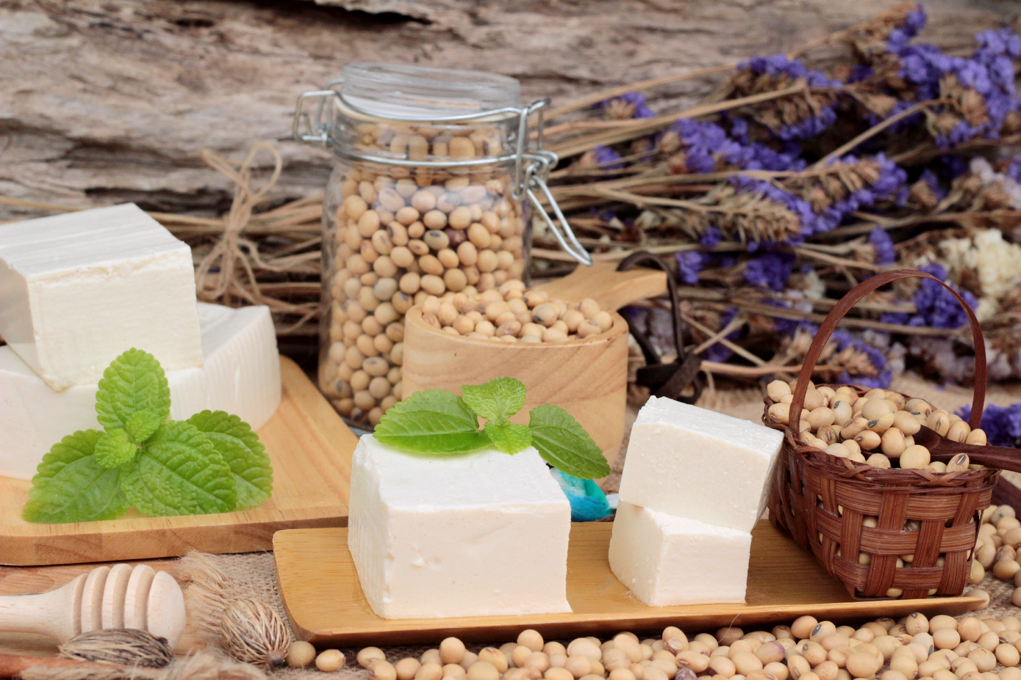 Tofu and soybeans on wood background.