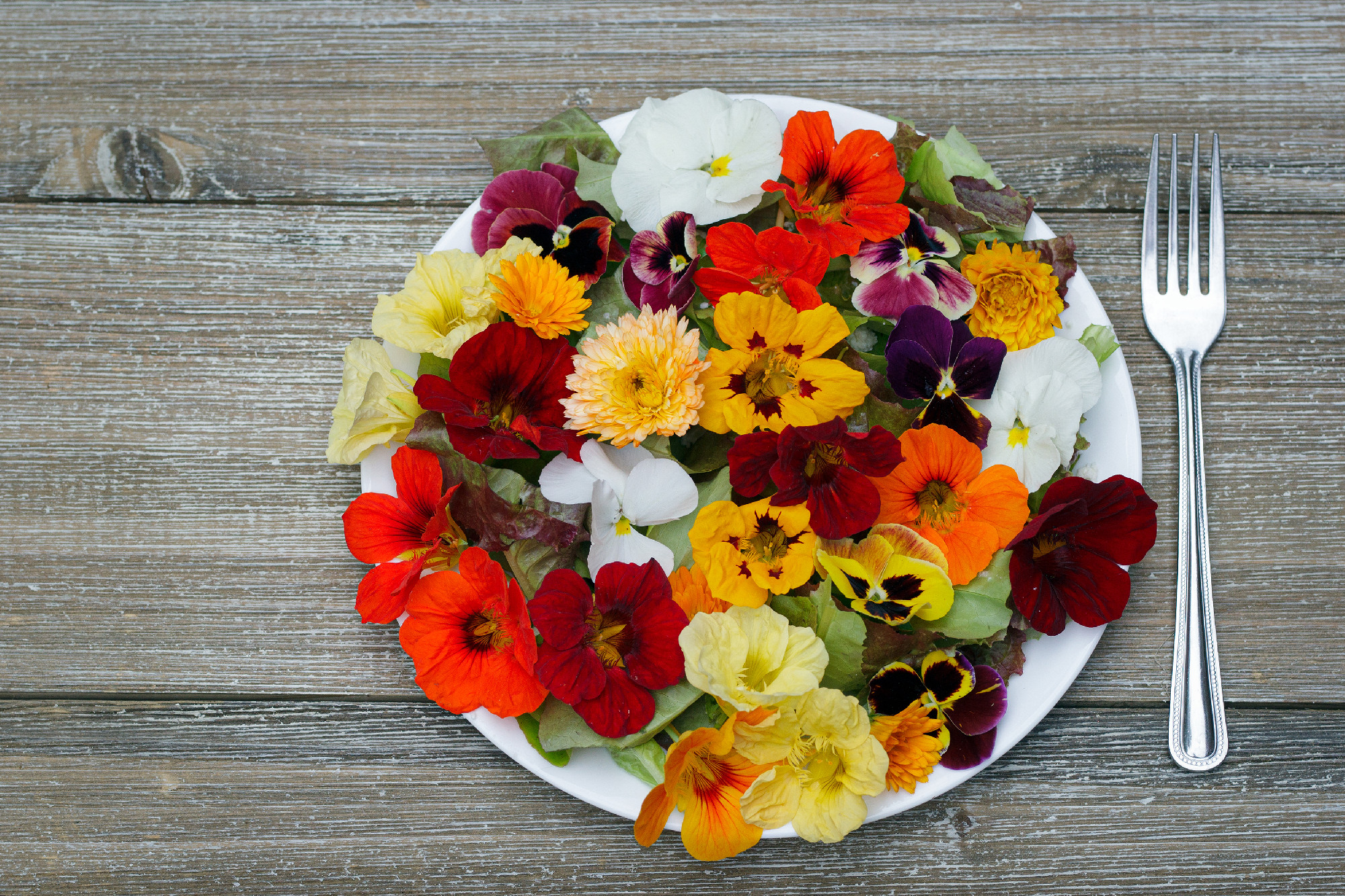 Low calories salad of lettuce and flowers on the wooden table.
