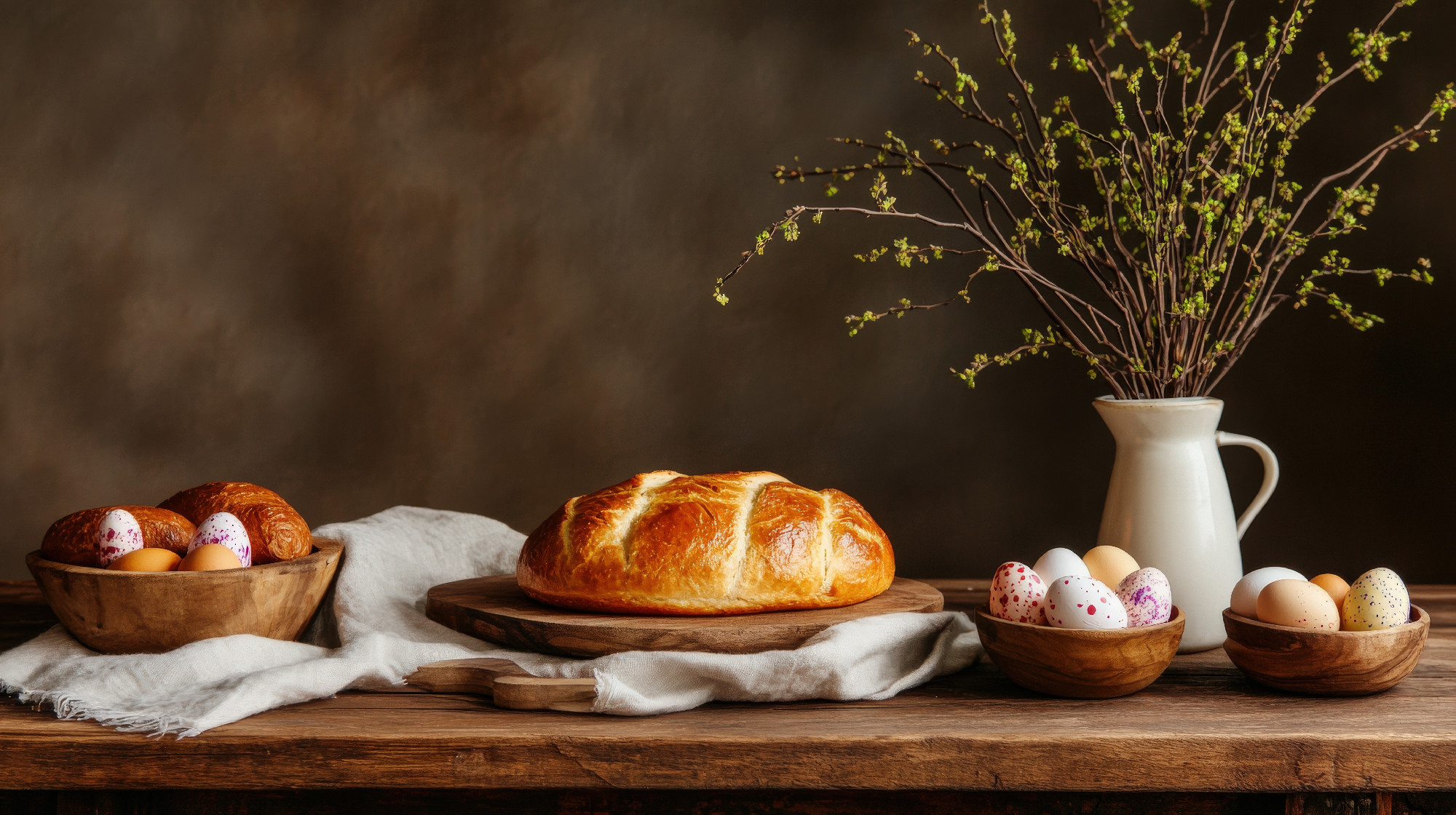 Rustic farmhouse table setting for orthodox easter celebration with traditional decor