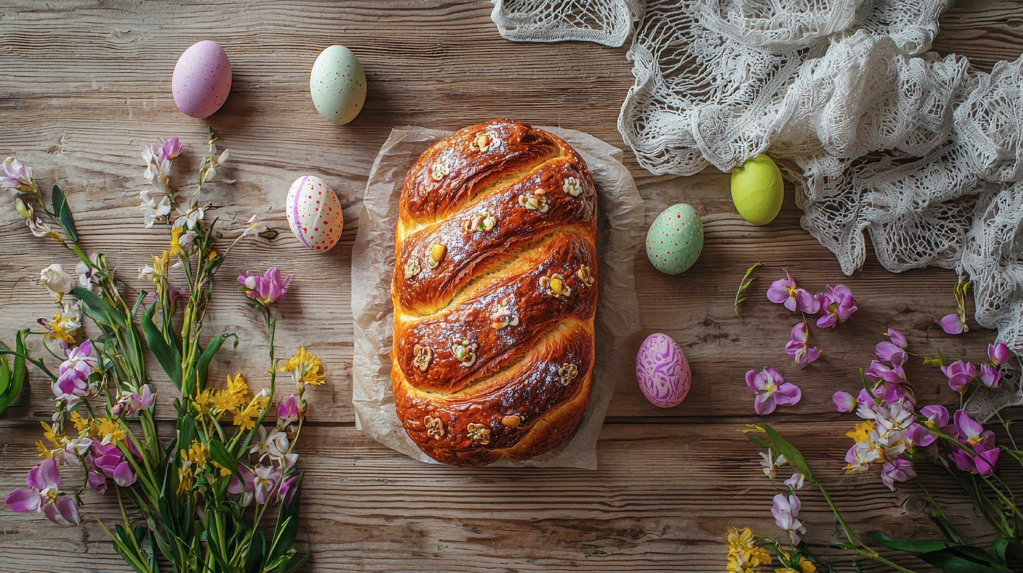 Freshly Baked Easter Sweet Bread with Golden Crust Surrounded by Colorful Eggs and Spring Flowers. Concept of Festive Baking, Easter Traditions, Holiday Celebration