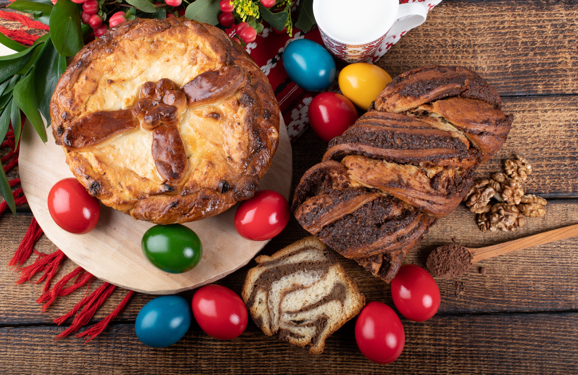 Traditional Romanian Easter table, homemade sweetbread