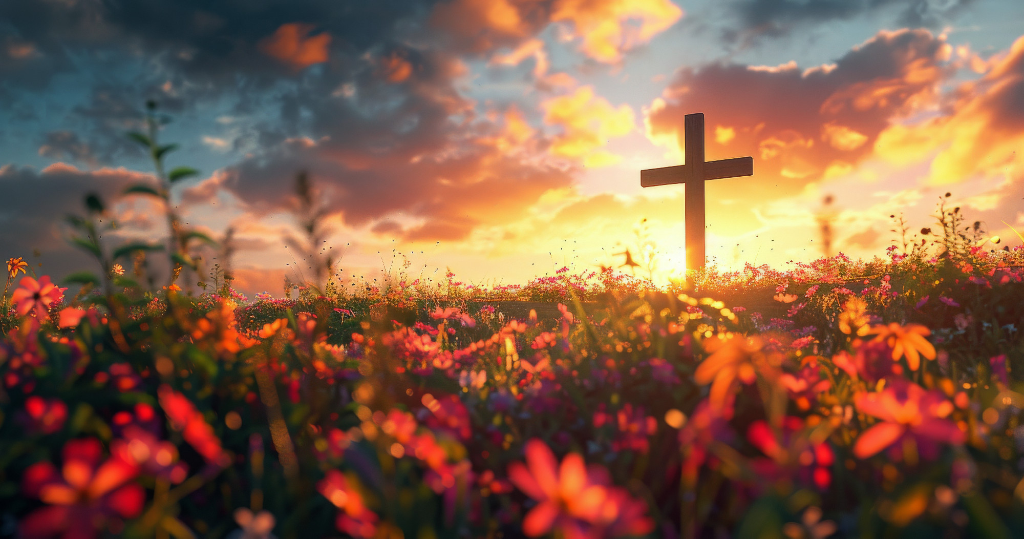 Wooden Cross Standing in a Field of Flowers at Sunset
