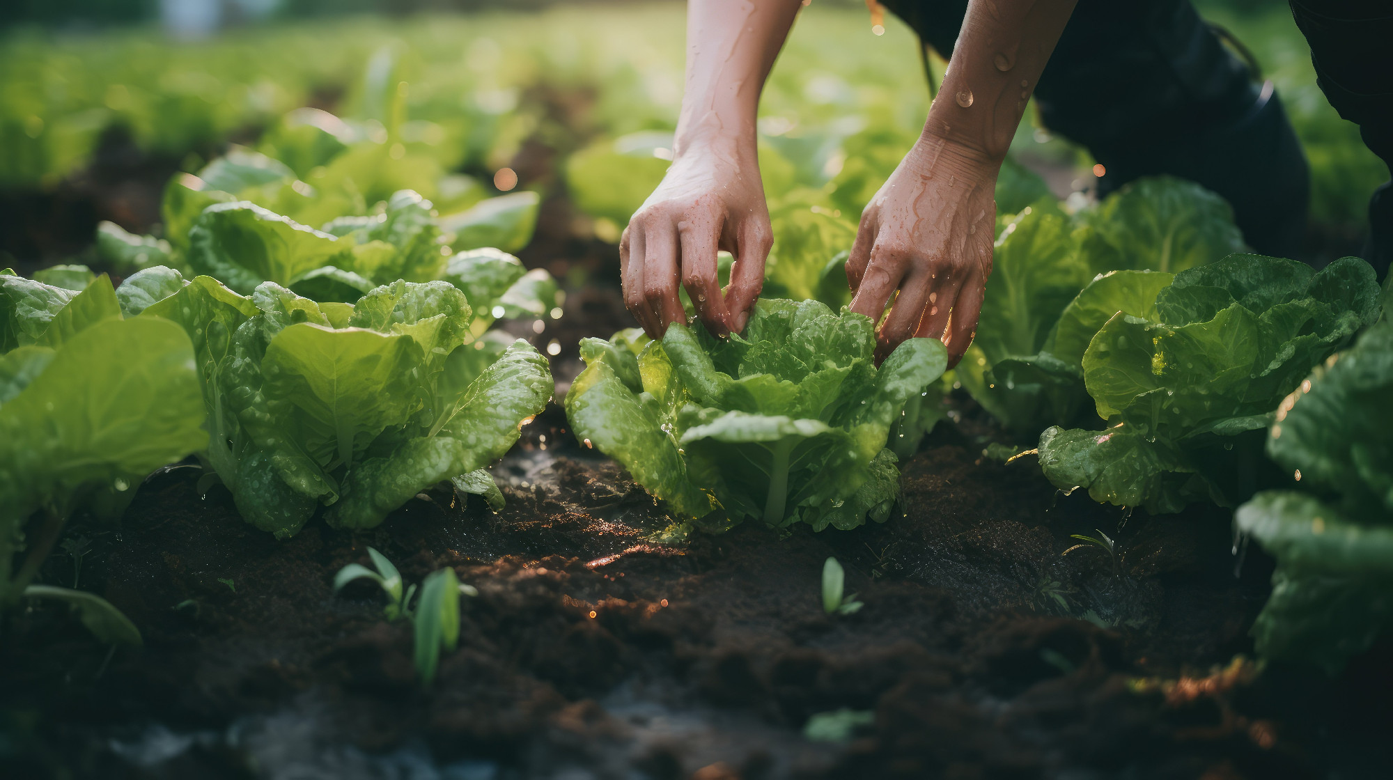 Close-up of hands harvesting organic lettuce. Clean crops of fresh vegetables