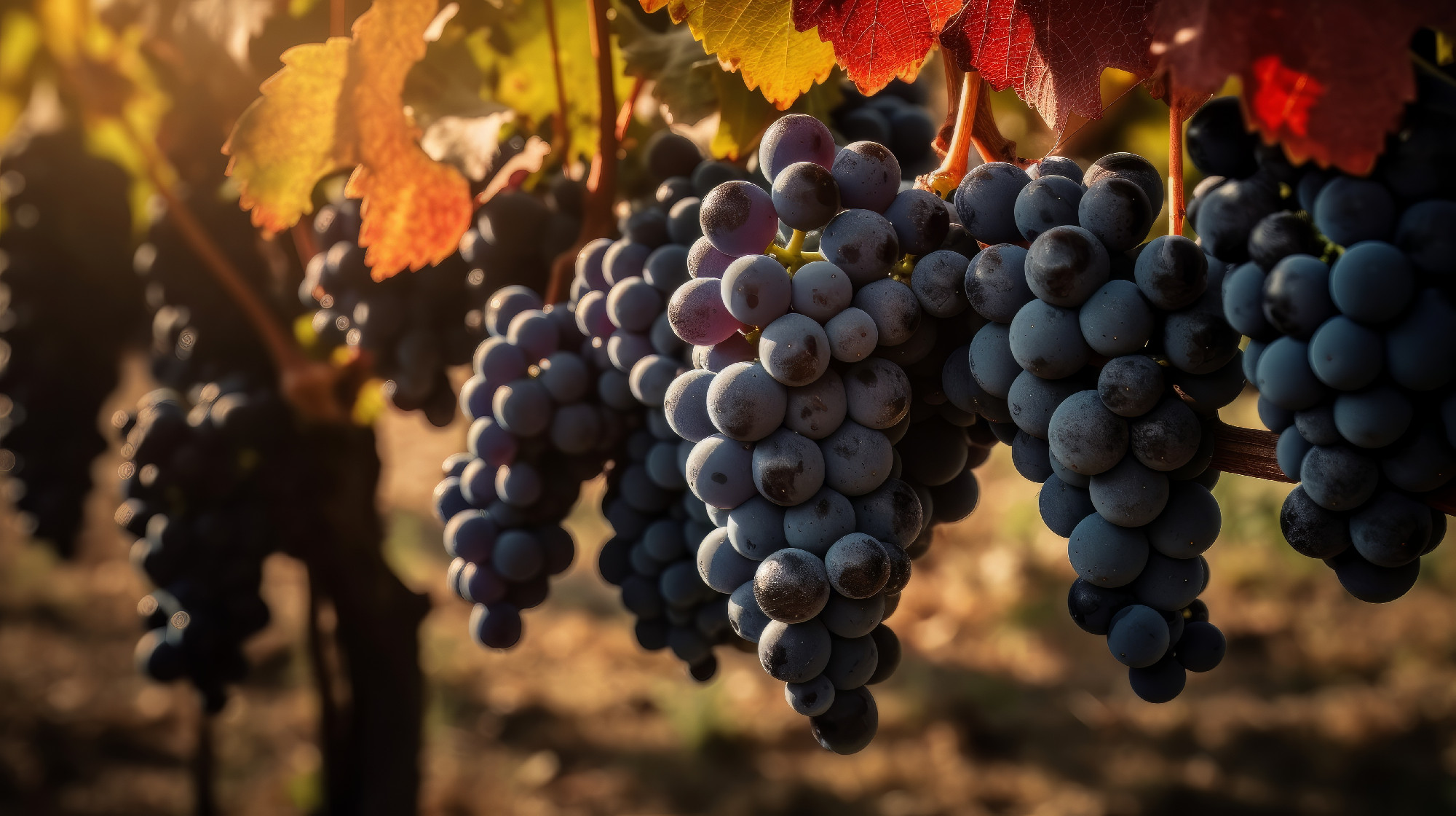 A bunch of grapes hanging from a vine in a vineyard. Generative ai