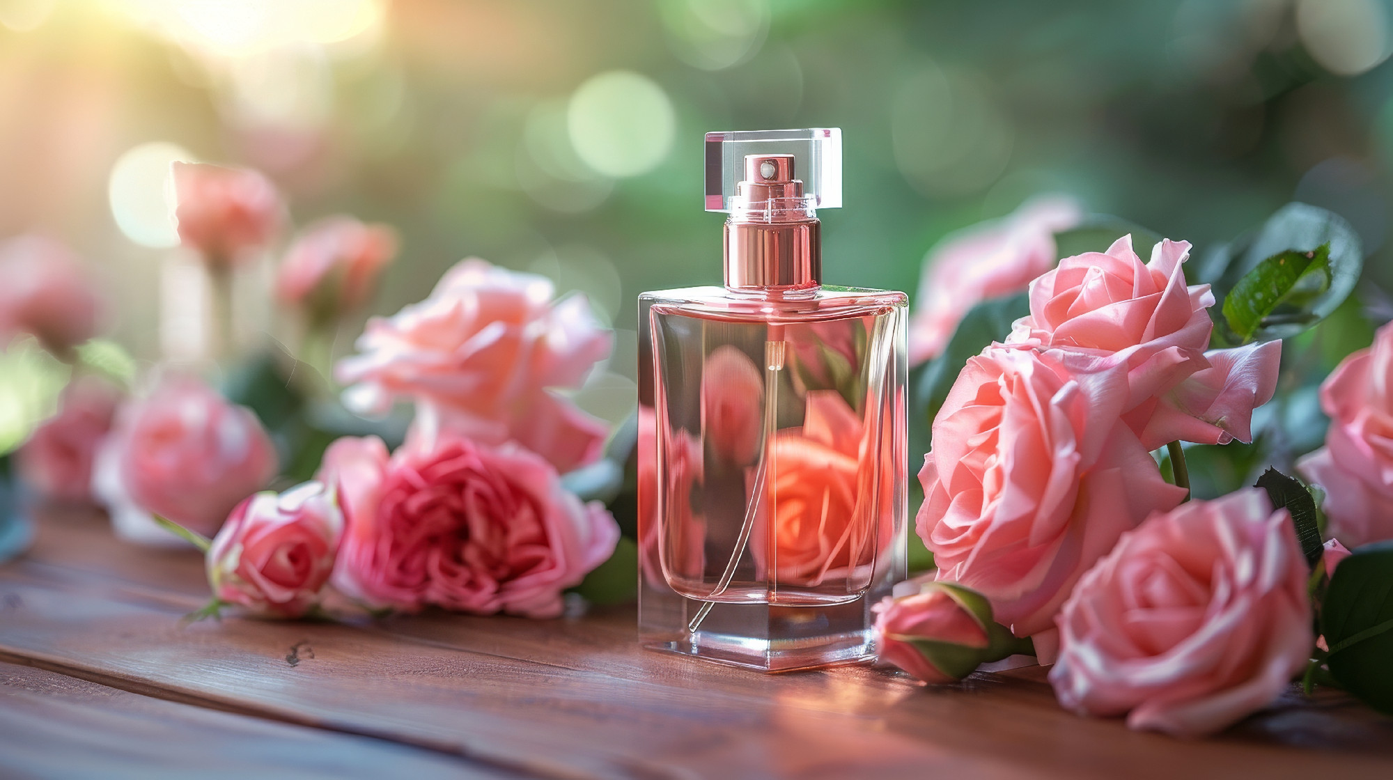 Beautiful roses on a table with a bottle of perfume