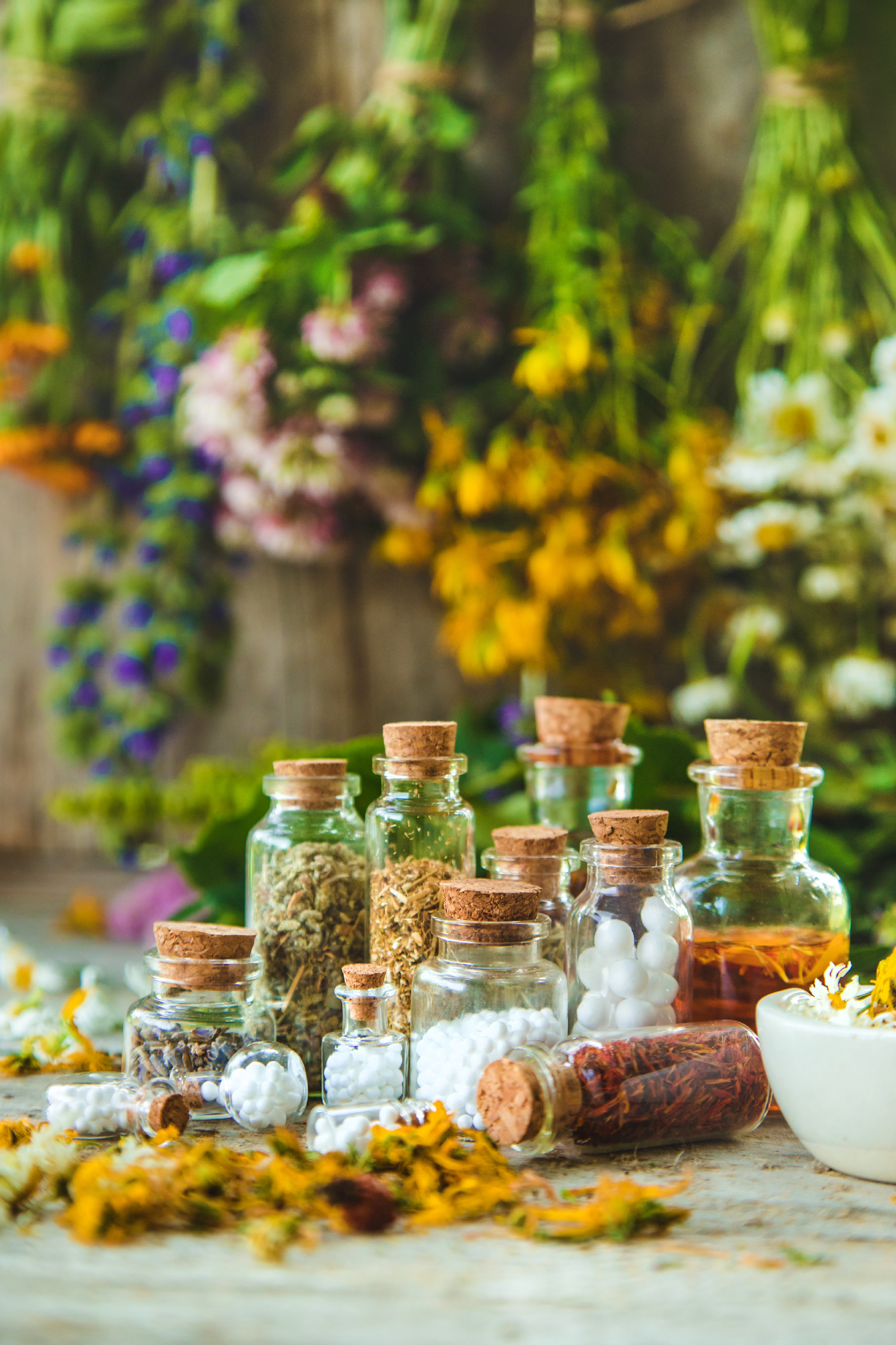 Tincture of medicinal herbs in bottles. Selective focus.