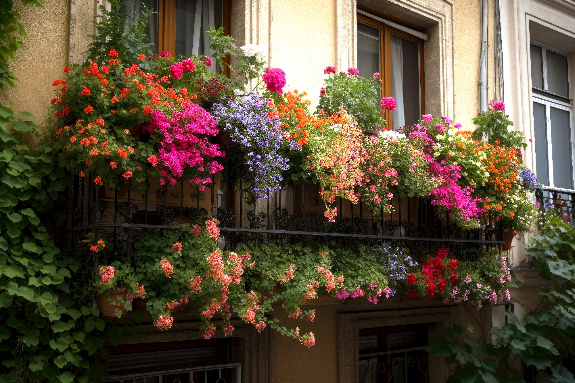 window garden overflowing with colorful and fragrant blooms, bri