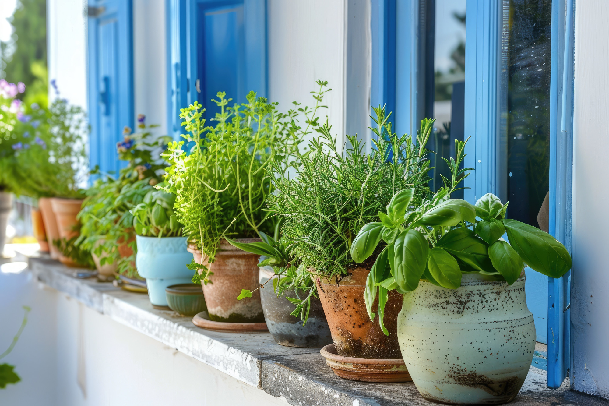 Fresh green herbs basil, rosemary and coriander in pots on the terrace of a Greek house