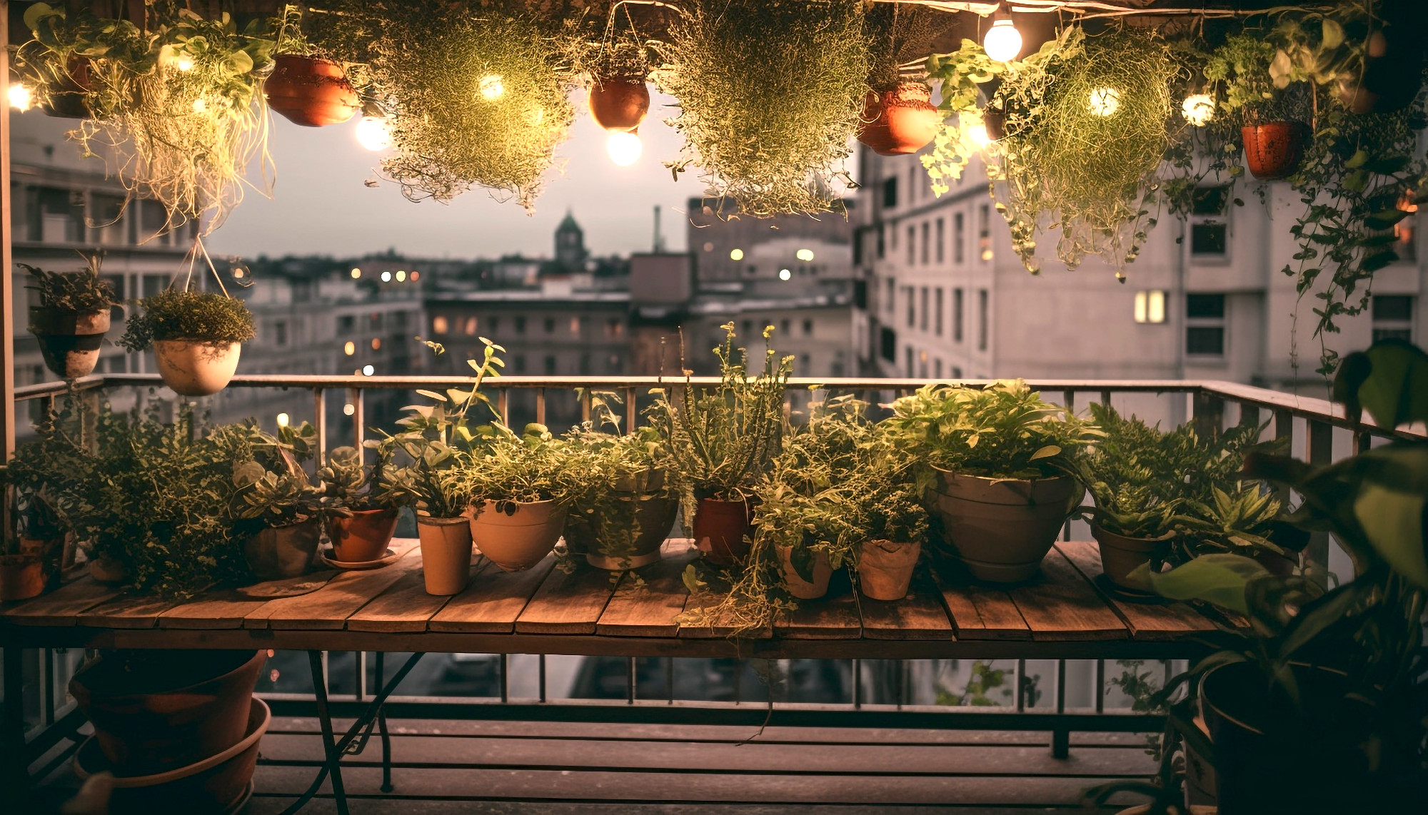Cozy Balcony with Plants and String Lights