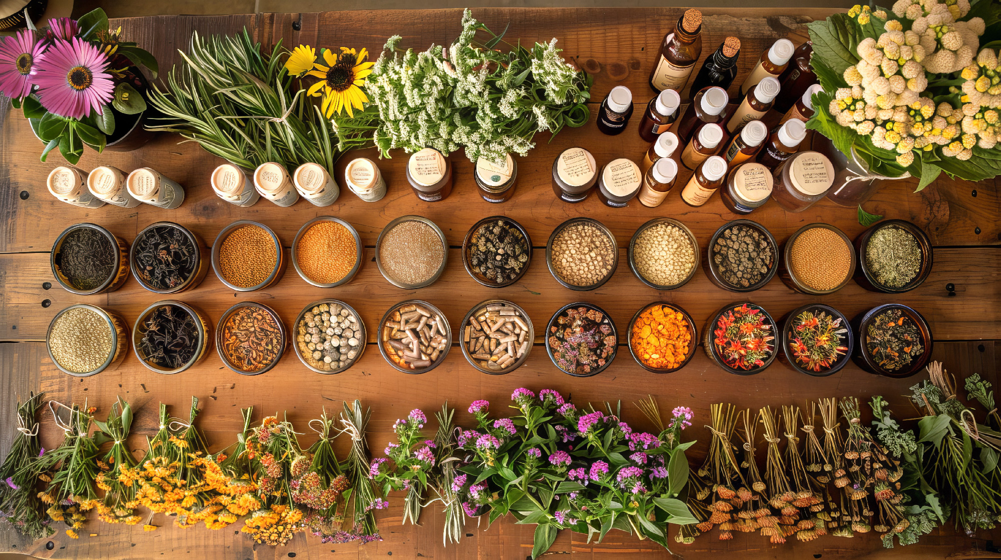 Assortment of herbal medicine products and ingredients on a wooden table. Flat lay composition of natural health care items including herbs, flowers, and homeopathic pills. Top view. Homeopathy.