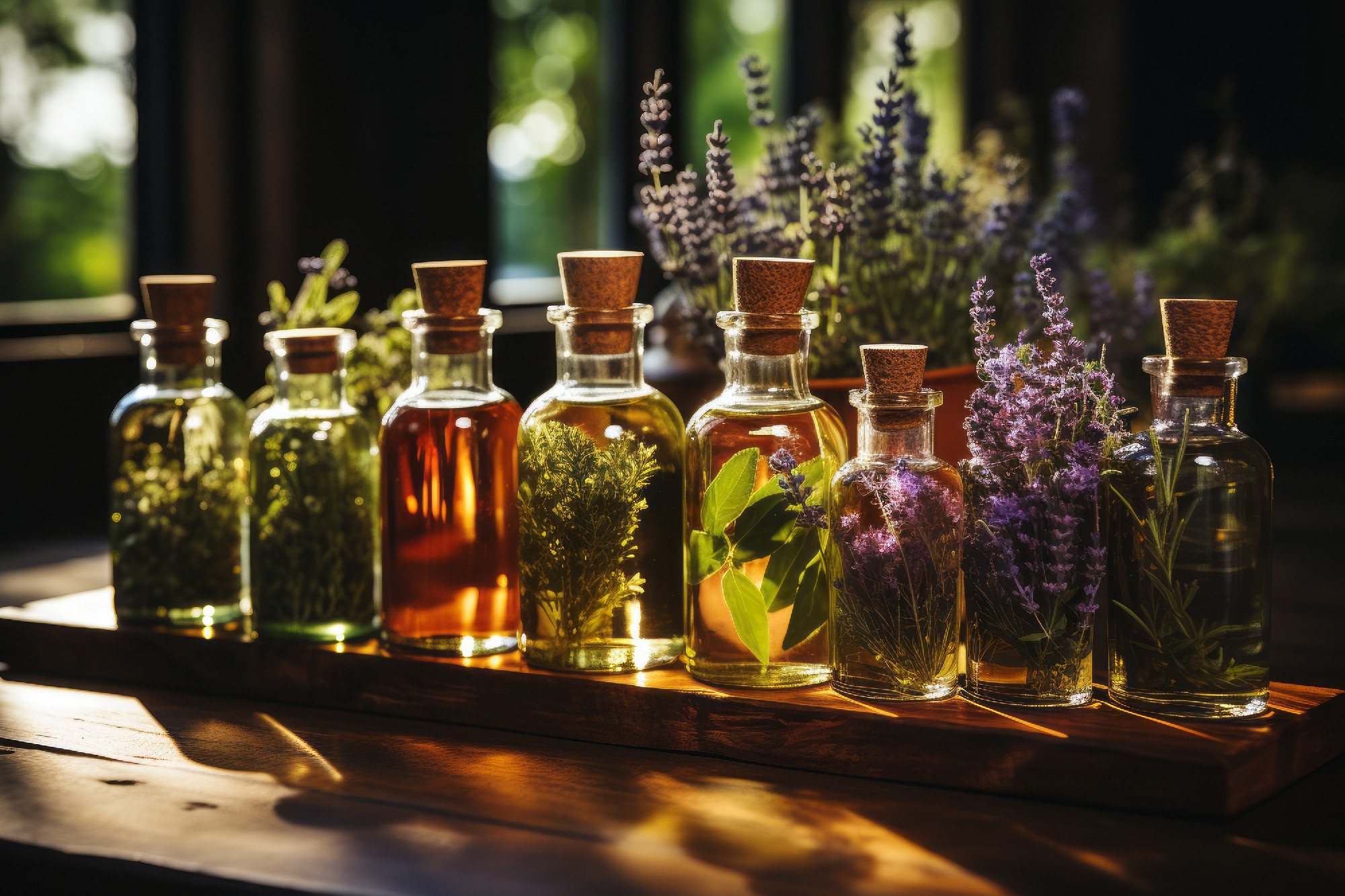 An assortment of essential oil bottles with fresh plants from which they're derived, like lavender, peppermint, and rosemary, arranged on a wooden surface. Generative AI