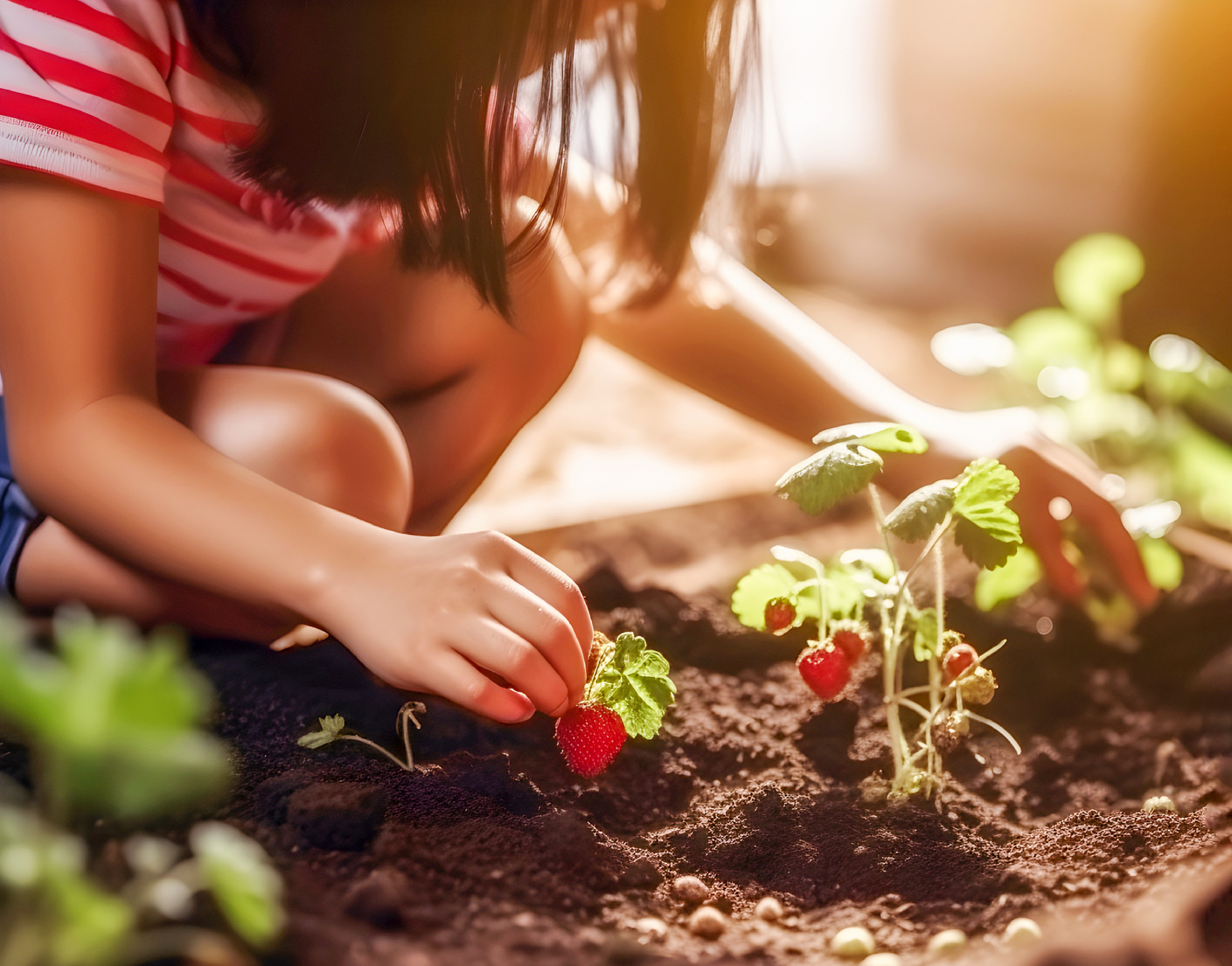 Little girl picks organic strawberries in a basket. on a fruit field on a sunny summer day. Generative AI content,