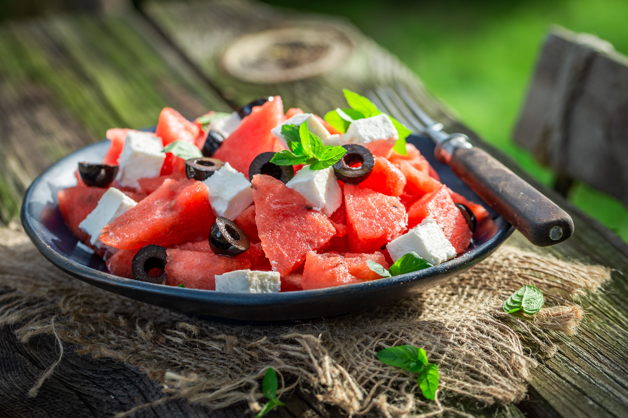 Watermelon salad with black olives and feta cheese in garden