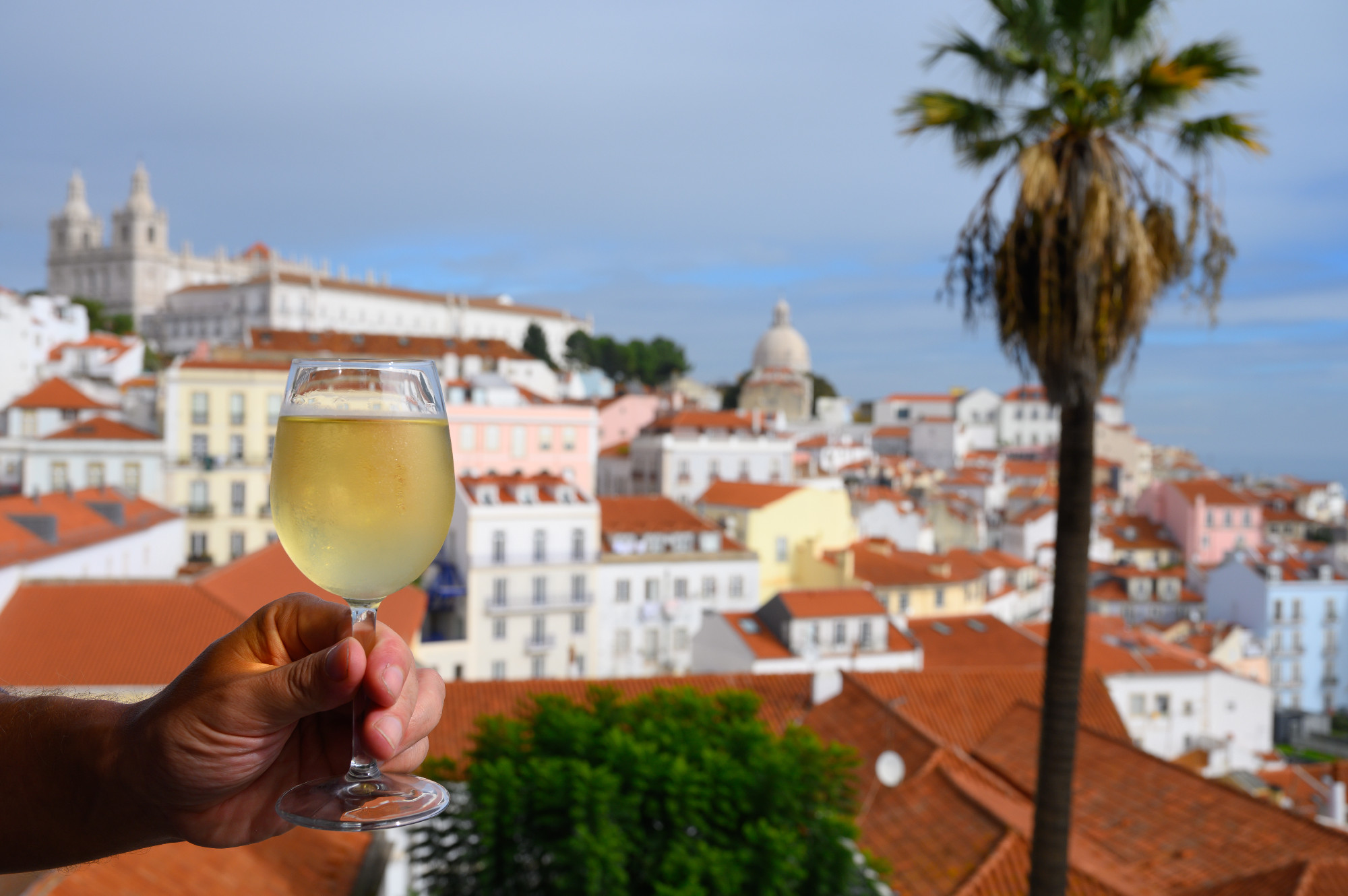 Hand with glass of cold white Portuguese wine in outdoor cafe at