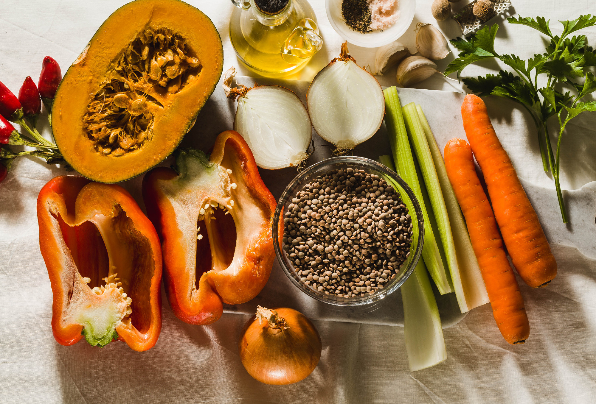 Autumn food ingredients on the table. rich healthy food