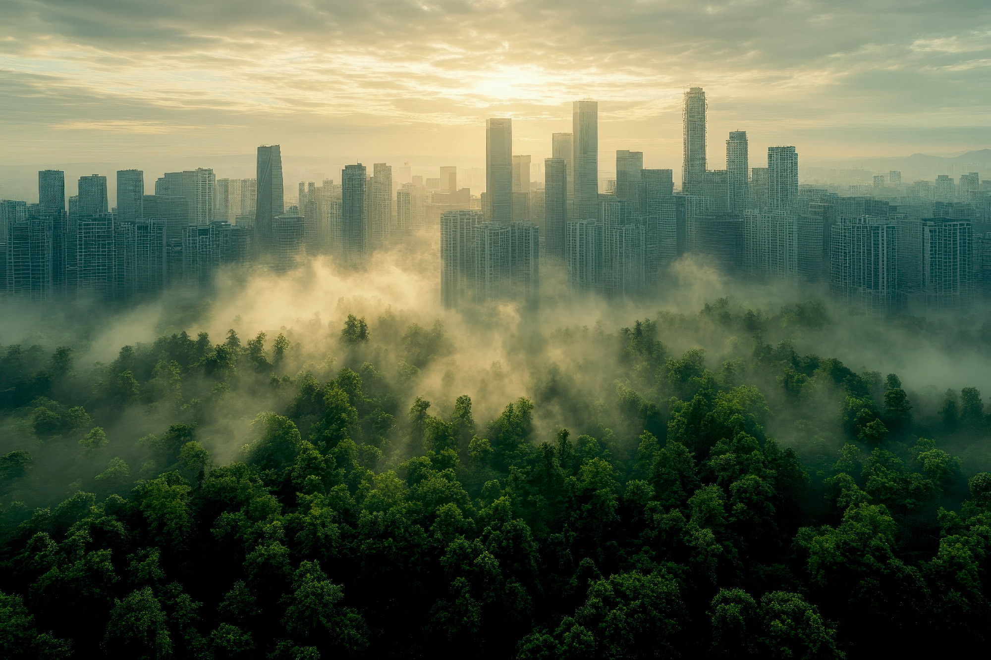 Morning mist envelops a city skyline behind lush greenery in the