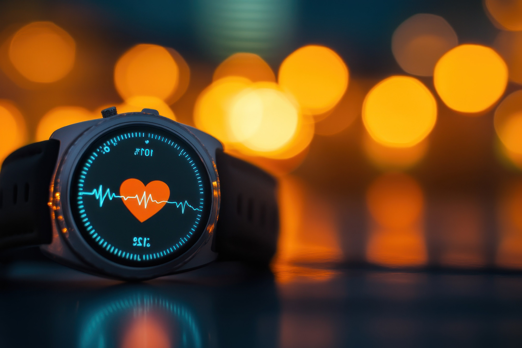 Heart rate monitor displays data against a backdrop of blurred warm lights at night