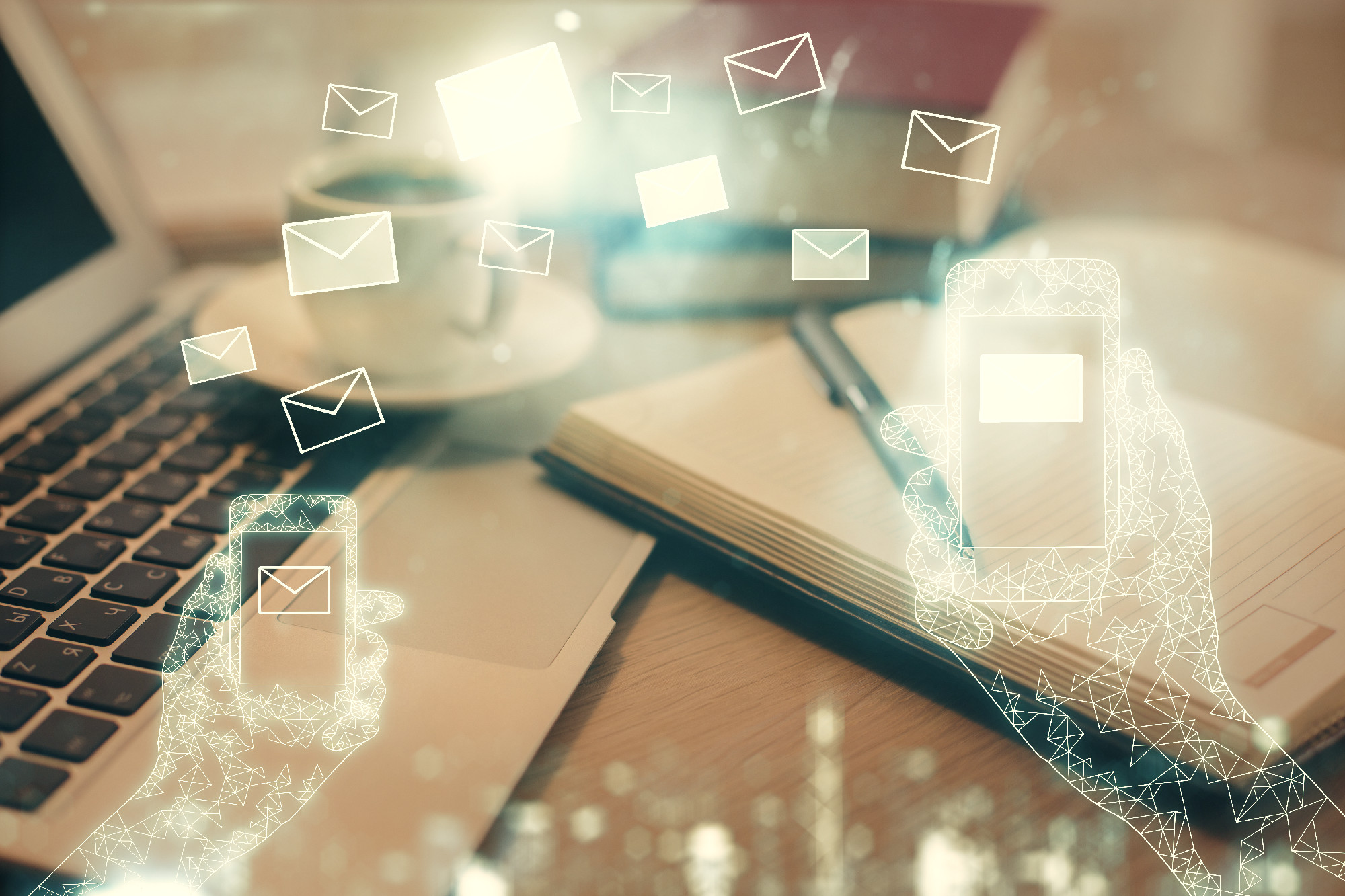 Double exposure of envelope drawing and desktop with coffee and items on table background. Concept of people connection.
