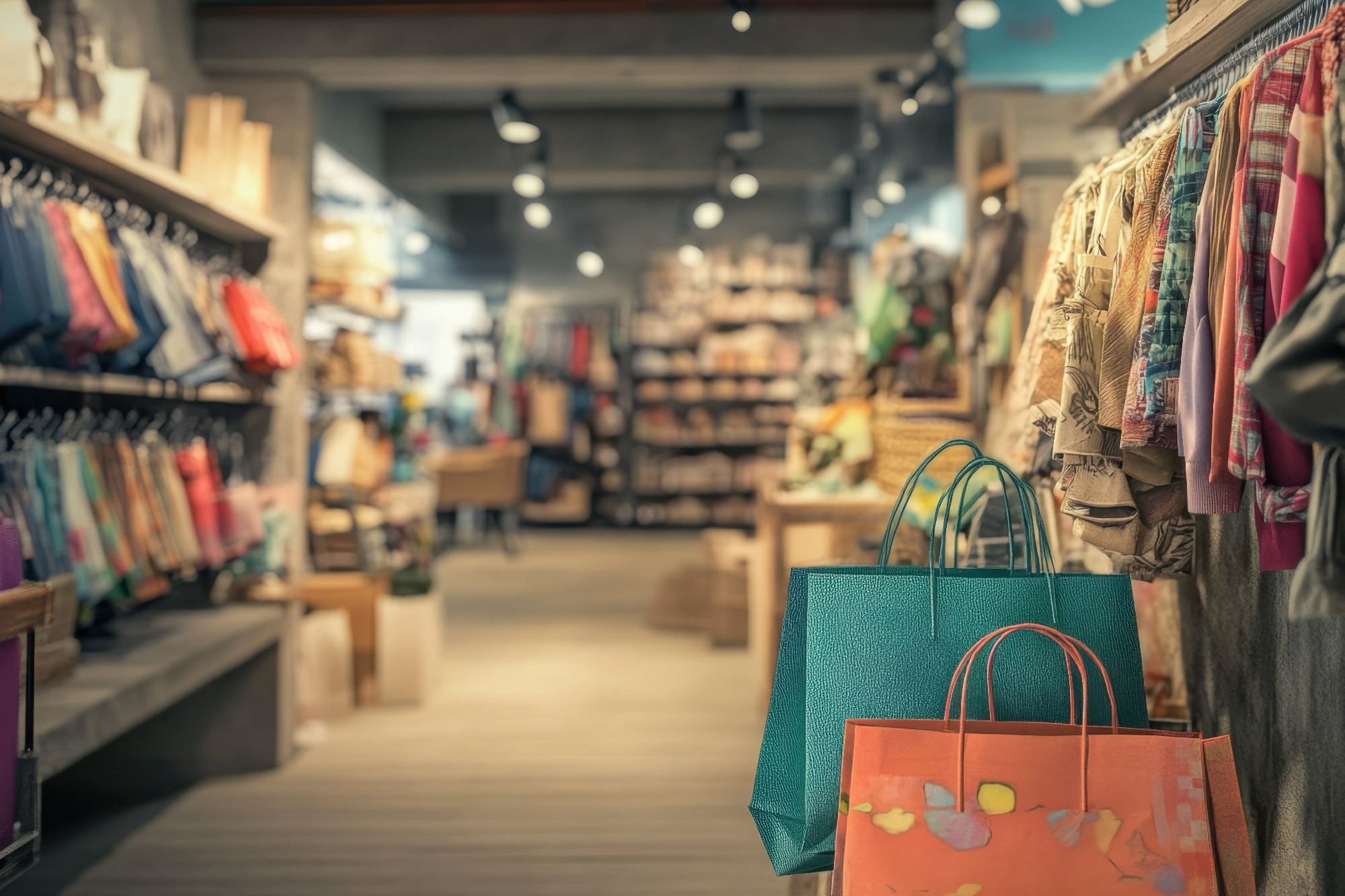 Shopping experience inside a vibrant retail store with colorful garments and bags