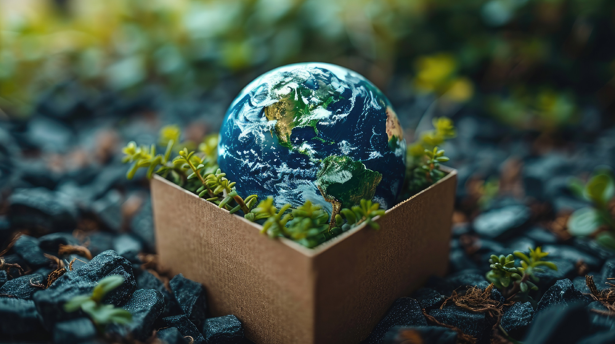 Visualize global delivery with planet Earth encased in a package box. Symbolizing worldwide logistics and environmental responsibility for a sustainable future.